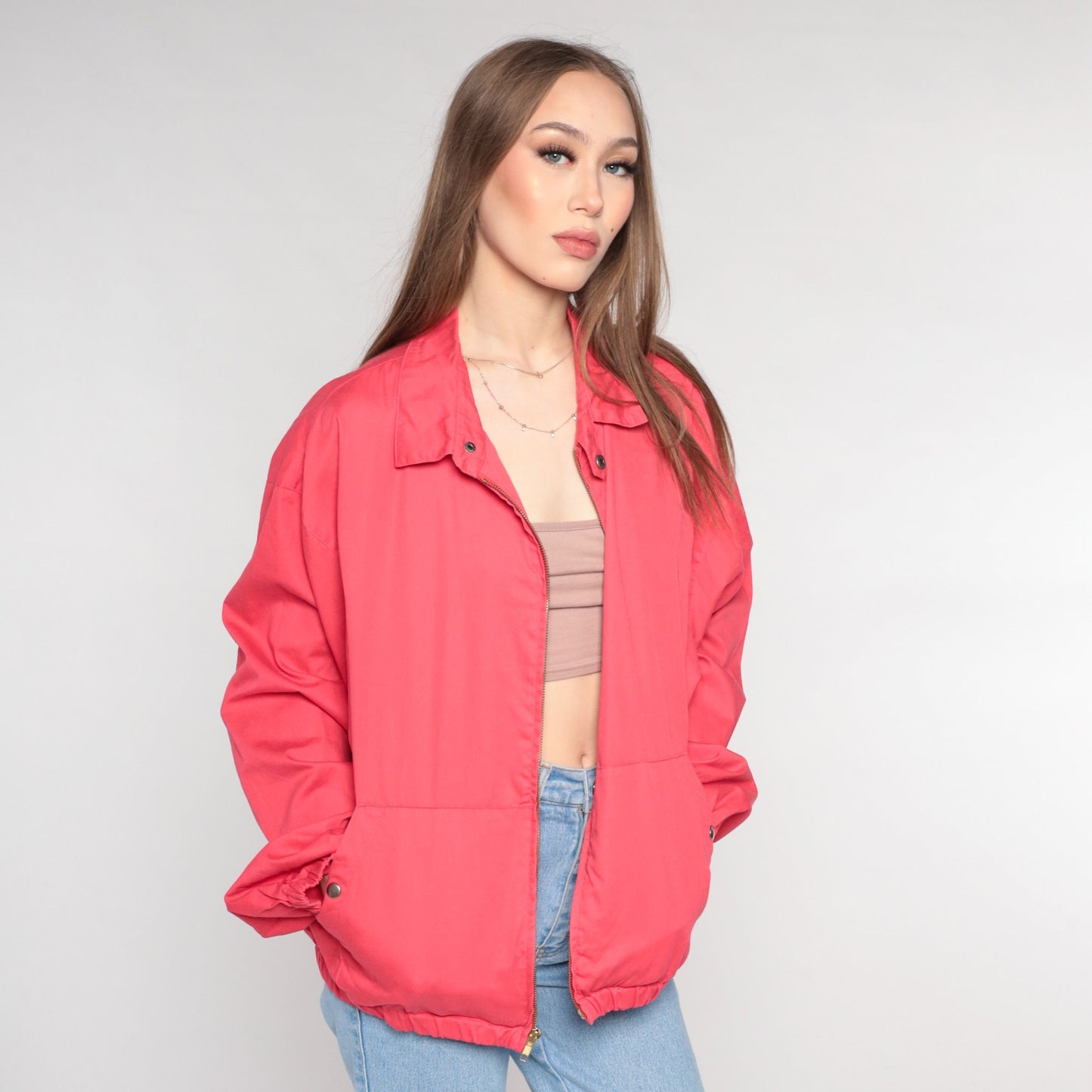 90s Red Cotton Windbreaker Jacket Zip Up Collared Large L