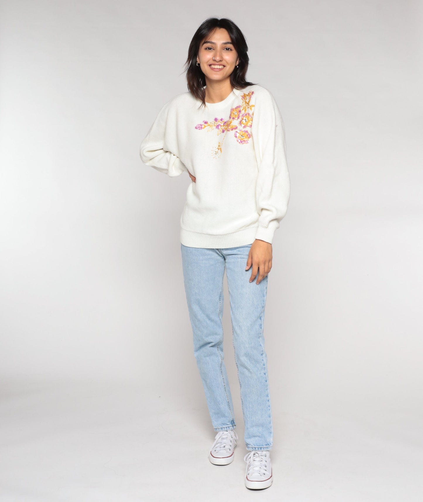 90s White Floral Sequin Beaded Sweater Dolman Sleeve Knit Large