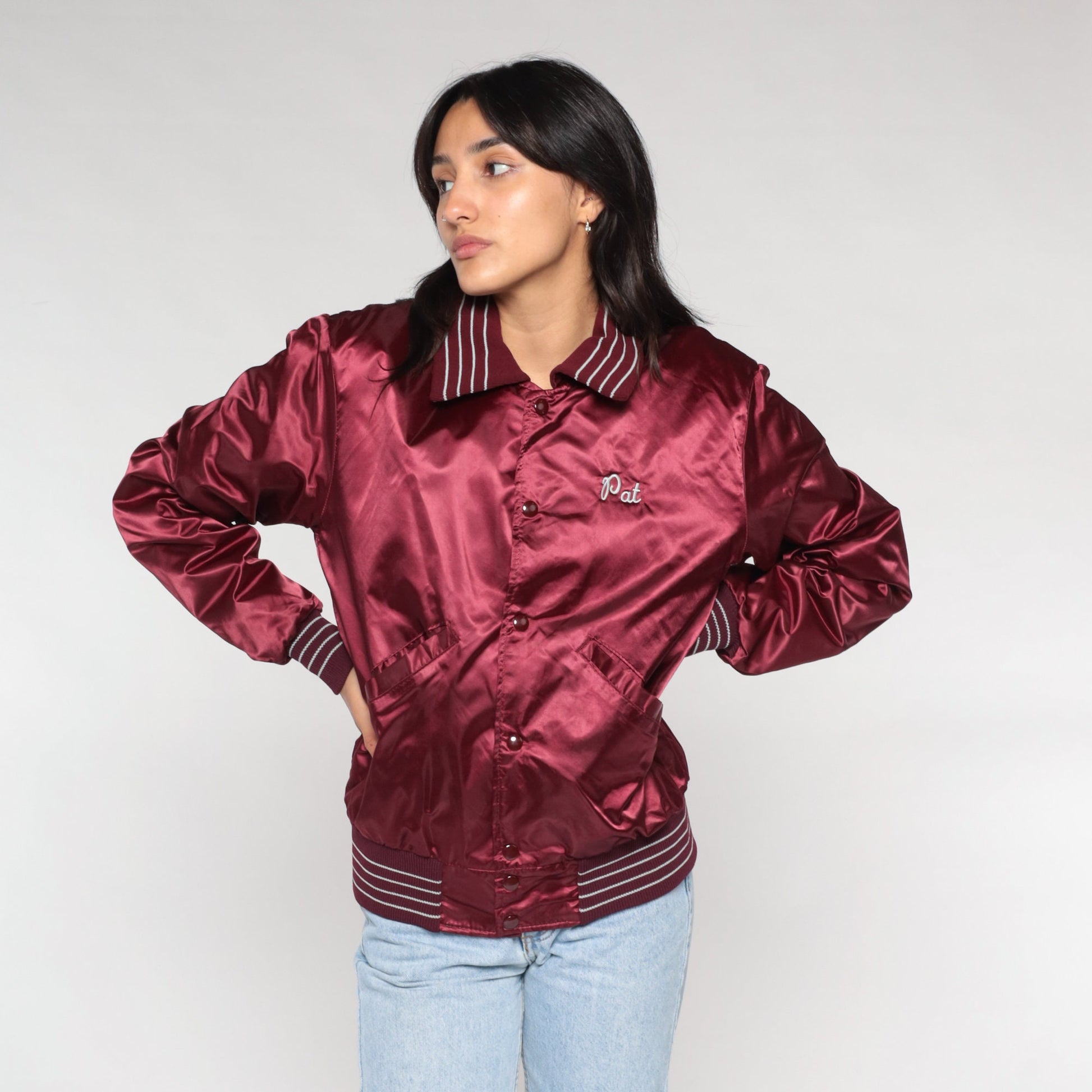 80s National Roofing Burgundy Nylon Bomber Jacket Embroidered Pat Small