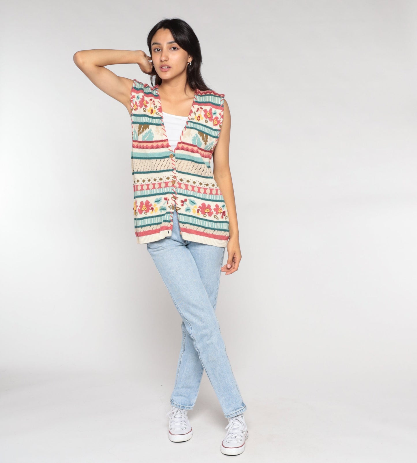 90s Striped Floral Sweater Vest Button-Up Knit White Pink Blue Large L