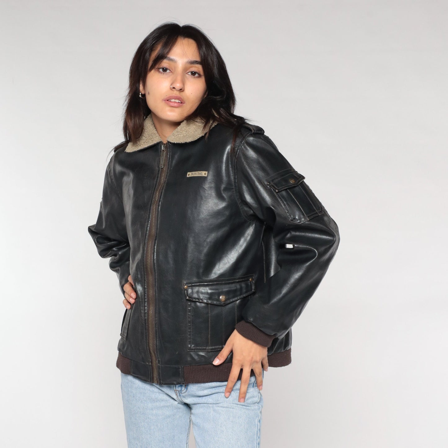 Y2K Pacific Trail Faux Leather Sherpa Aviator Jacket Dark Brown Small