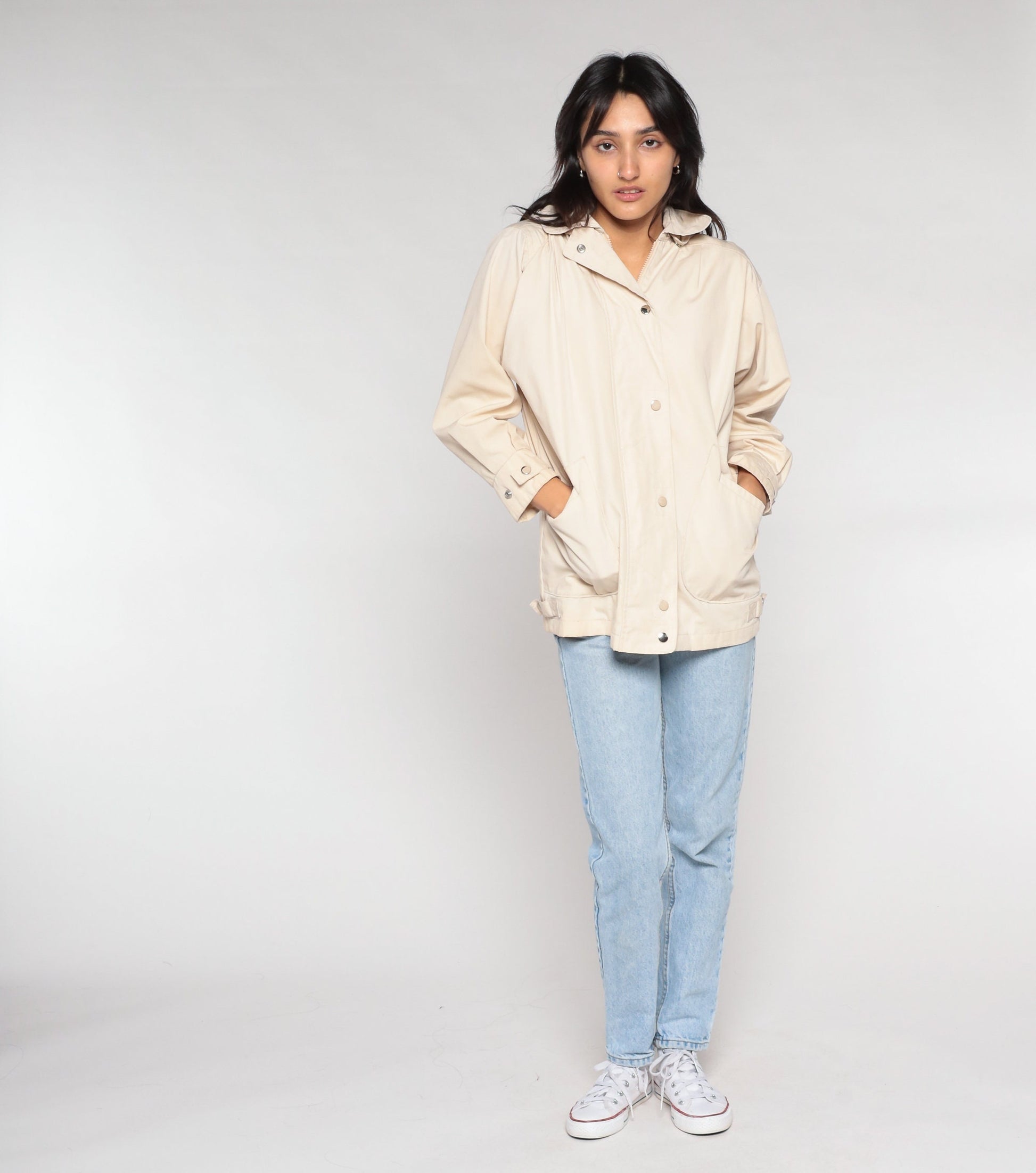 90s London Fog Cream Hooded Windbreaker Jacket Small S