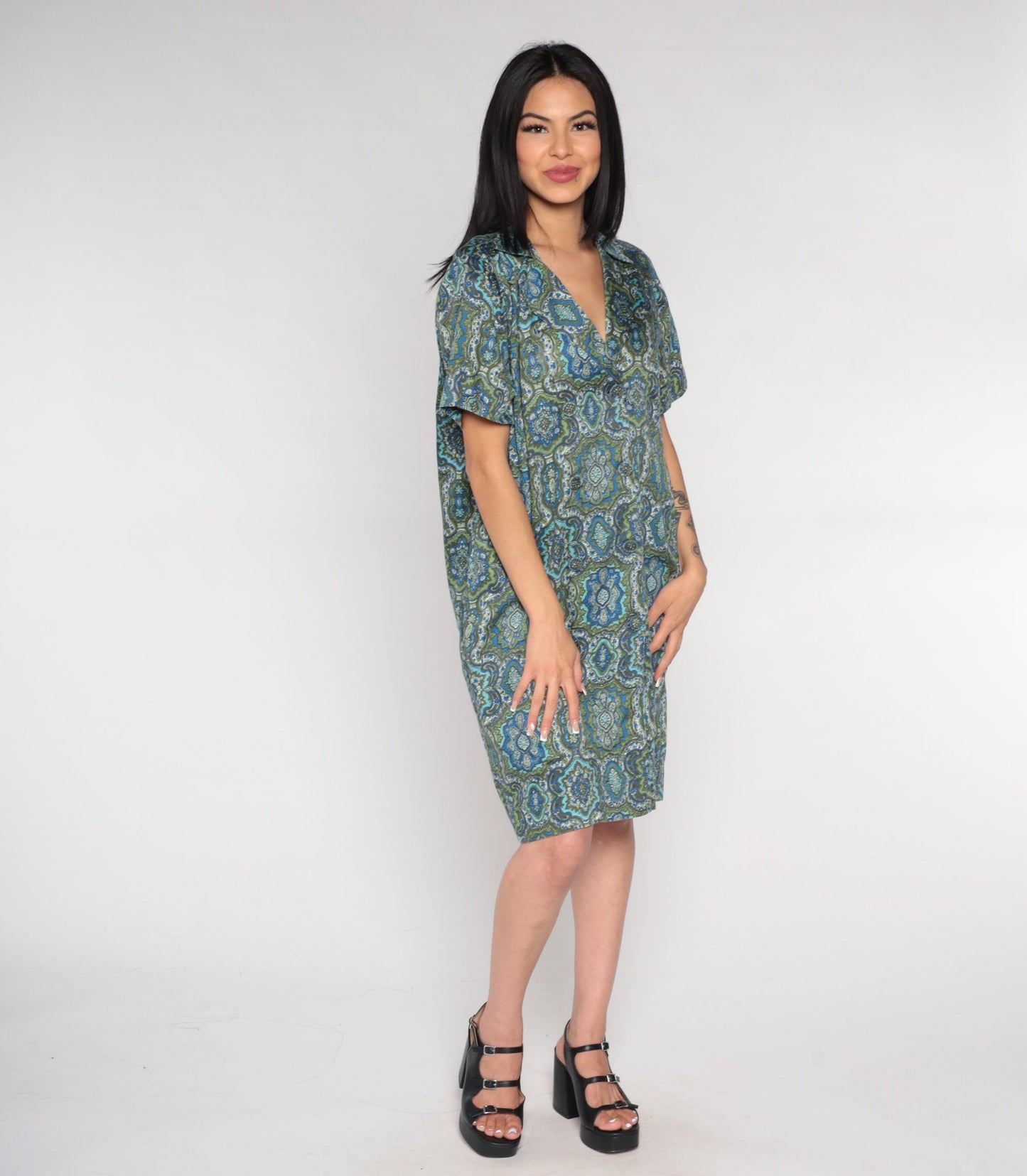 60s Geometric Floral Shirt Dress Mini Blue Green Double Breasted Large L