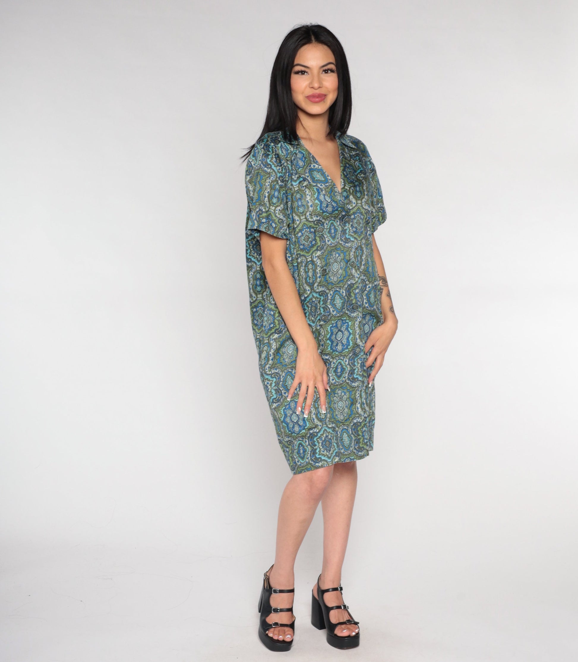 60s Geometric Floral Shirt Dress Mini Blue Green Double Breasted Large L