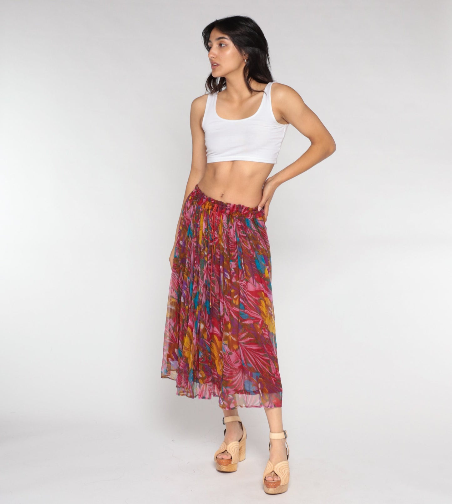 90s Red Floral Broomstick Midi Skirt Drawstring Waist Medium M