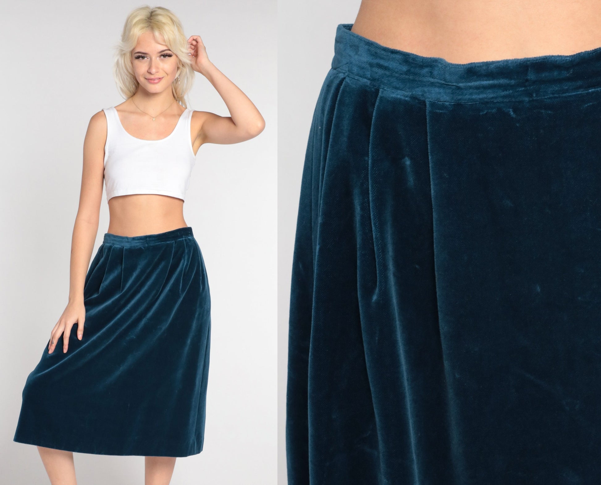 80s Dark Blue Velvet Midi Skirt High Waist Pleated Small
