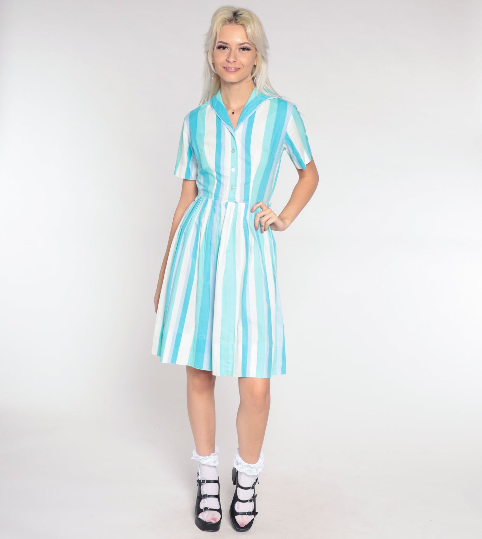 60s Blue White Striped Shirtdress Pleated Midi High Waist Button Up Extra Small