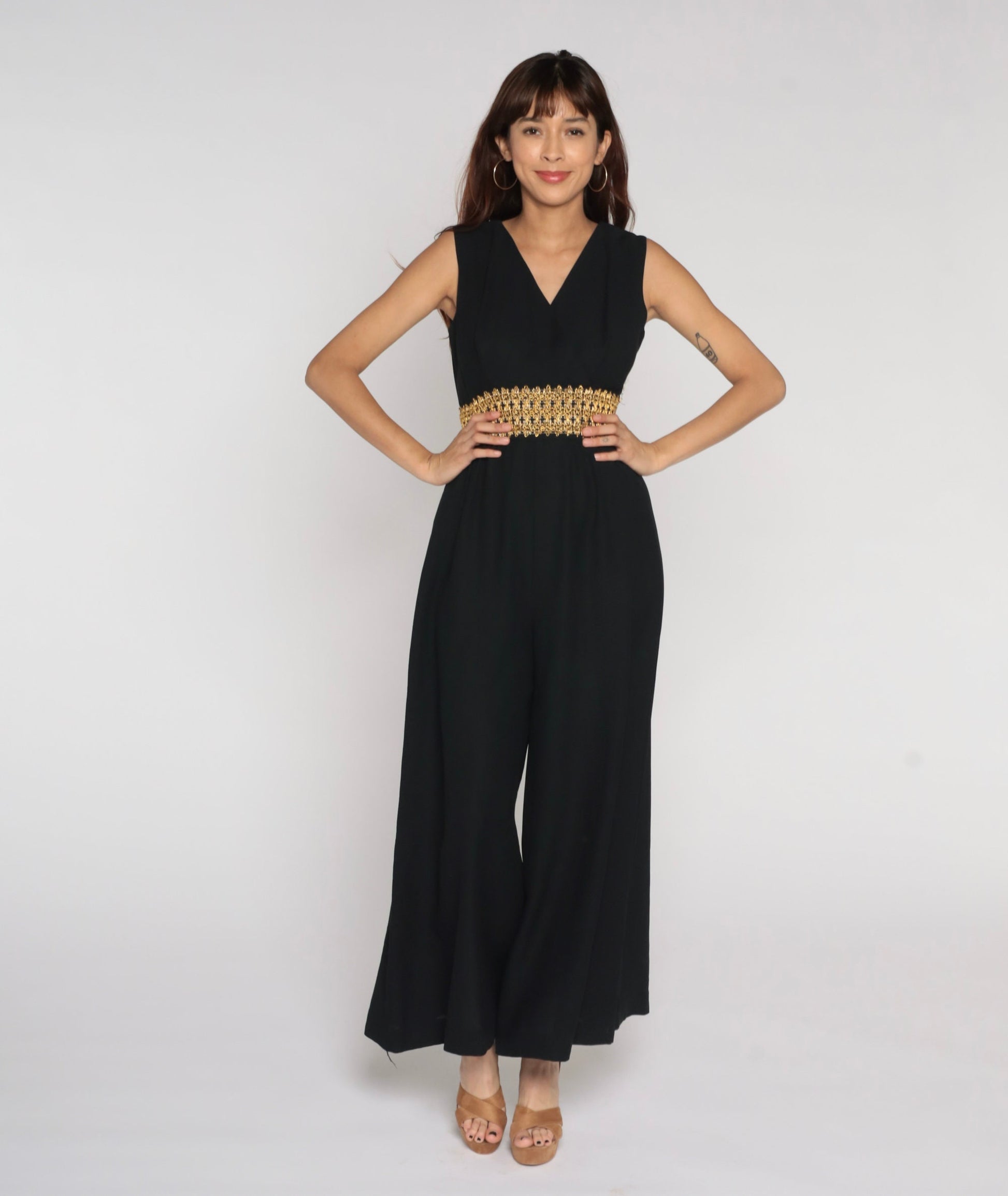 70s Black Jumpsuit Wide Leg Deep V Metallic Trim Sleeveless Small