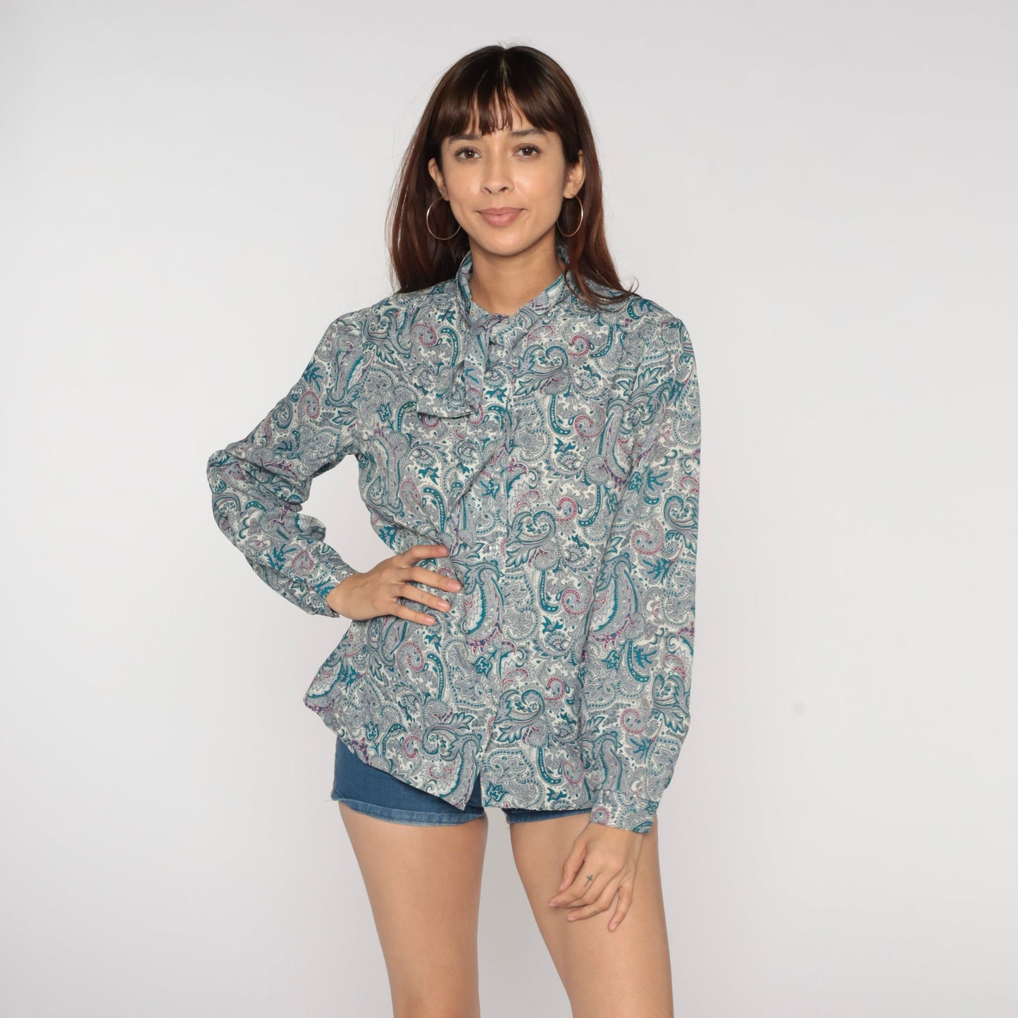 70s Paisley Ascot Blouse Teal Psychedelic Button-Up Puff Sleeve Medium