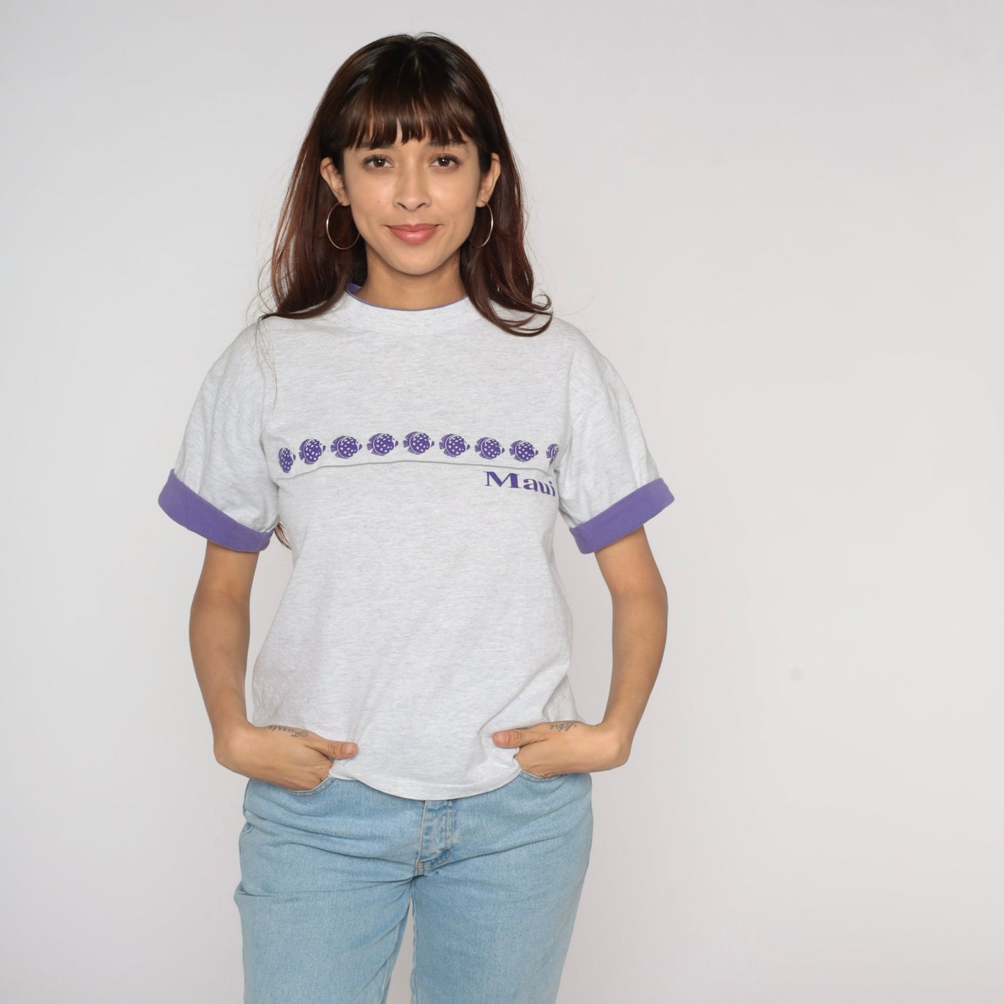 90s Maui Tropical Fish Graphic T-Shirt Grey Purple Cuffed Sleeve Medium