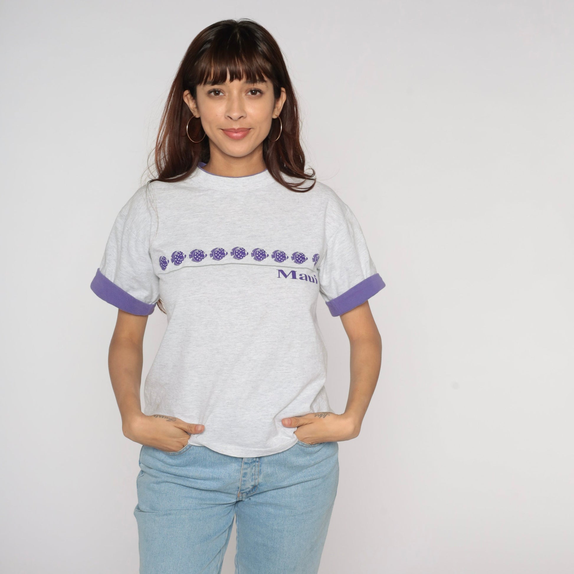 90s Maui Tropical Fish Graphic T-Shirt Grey Purple Cuffed Sleeve Medium