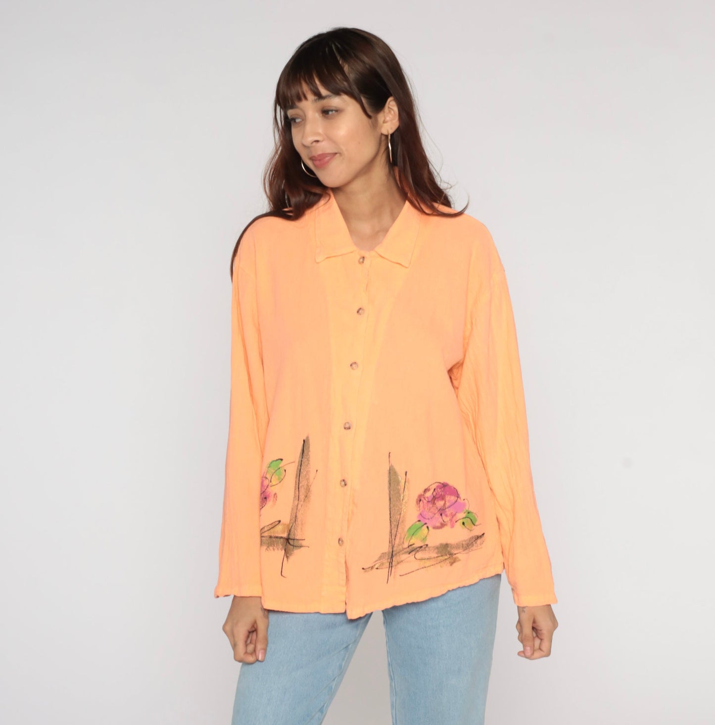 00s Rose Print Peach Floral Button-Up Blouse Cotton Long Sleeve Medium M