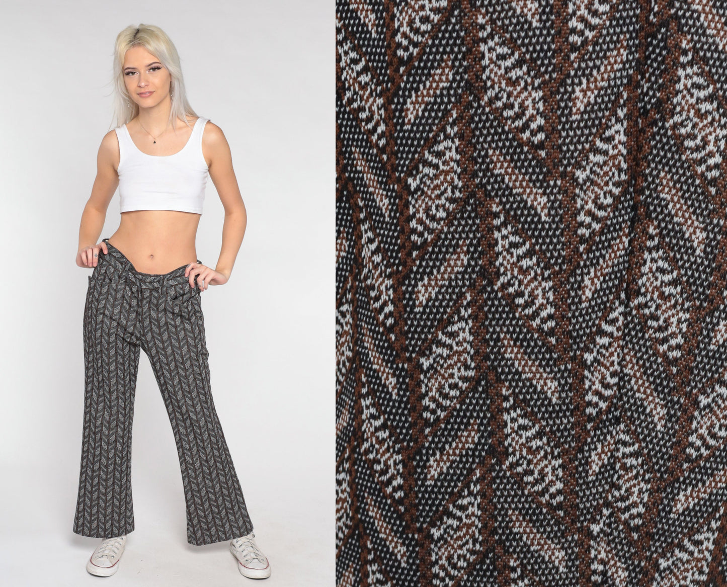 70s Chevron Flared Trousers High Waist Bell Bottoms Grey Medium