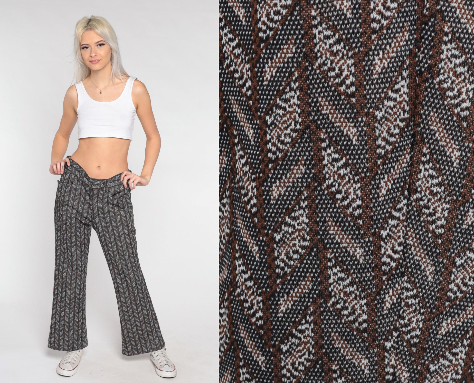 70s Chevron Flared Trousers High Waist Bell Bottoms Grey Medium
