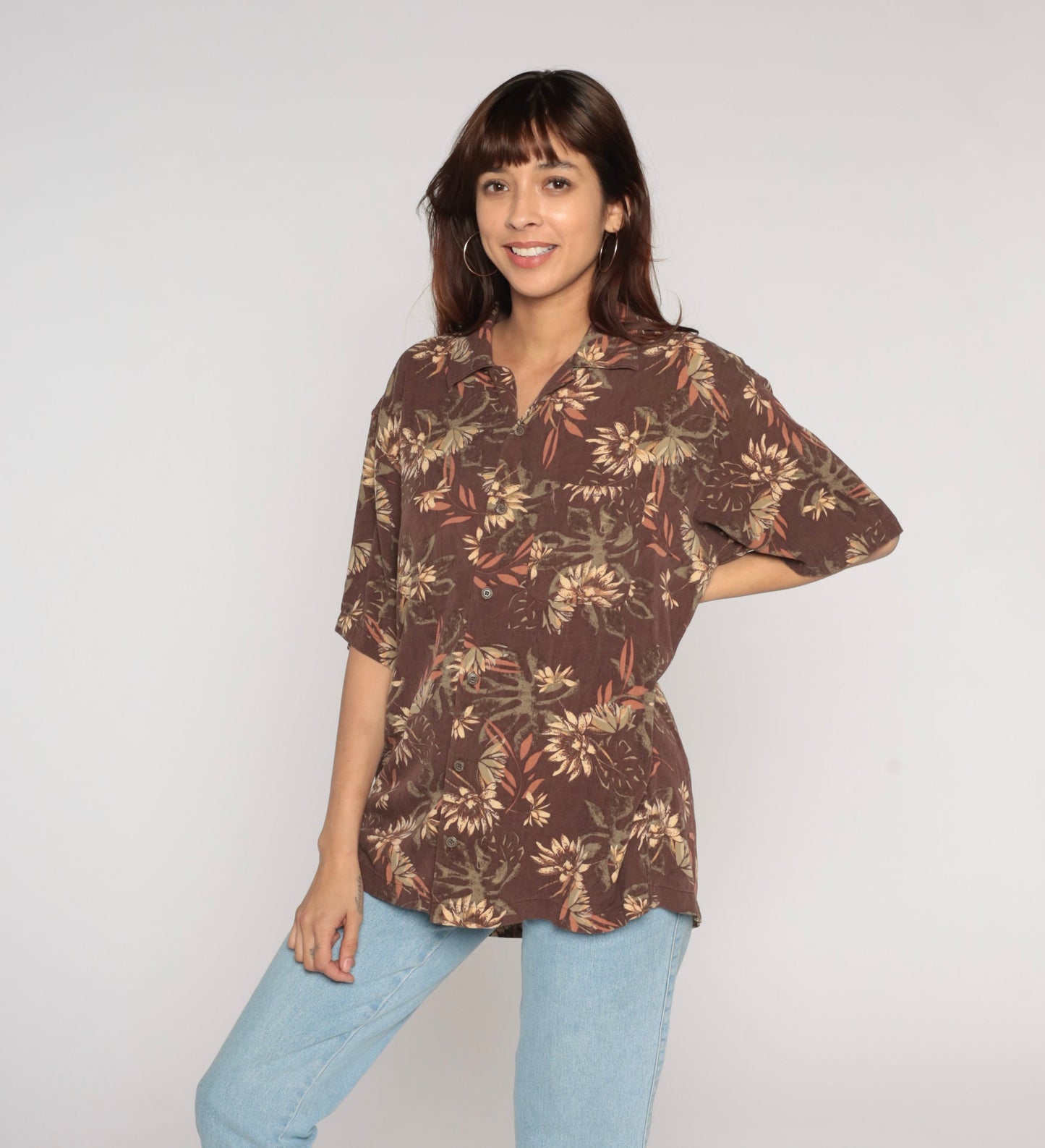 Y2K Geoffrey Beene Floral Leaf Print Silk Blend Button-Up Shirt Brown Large
