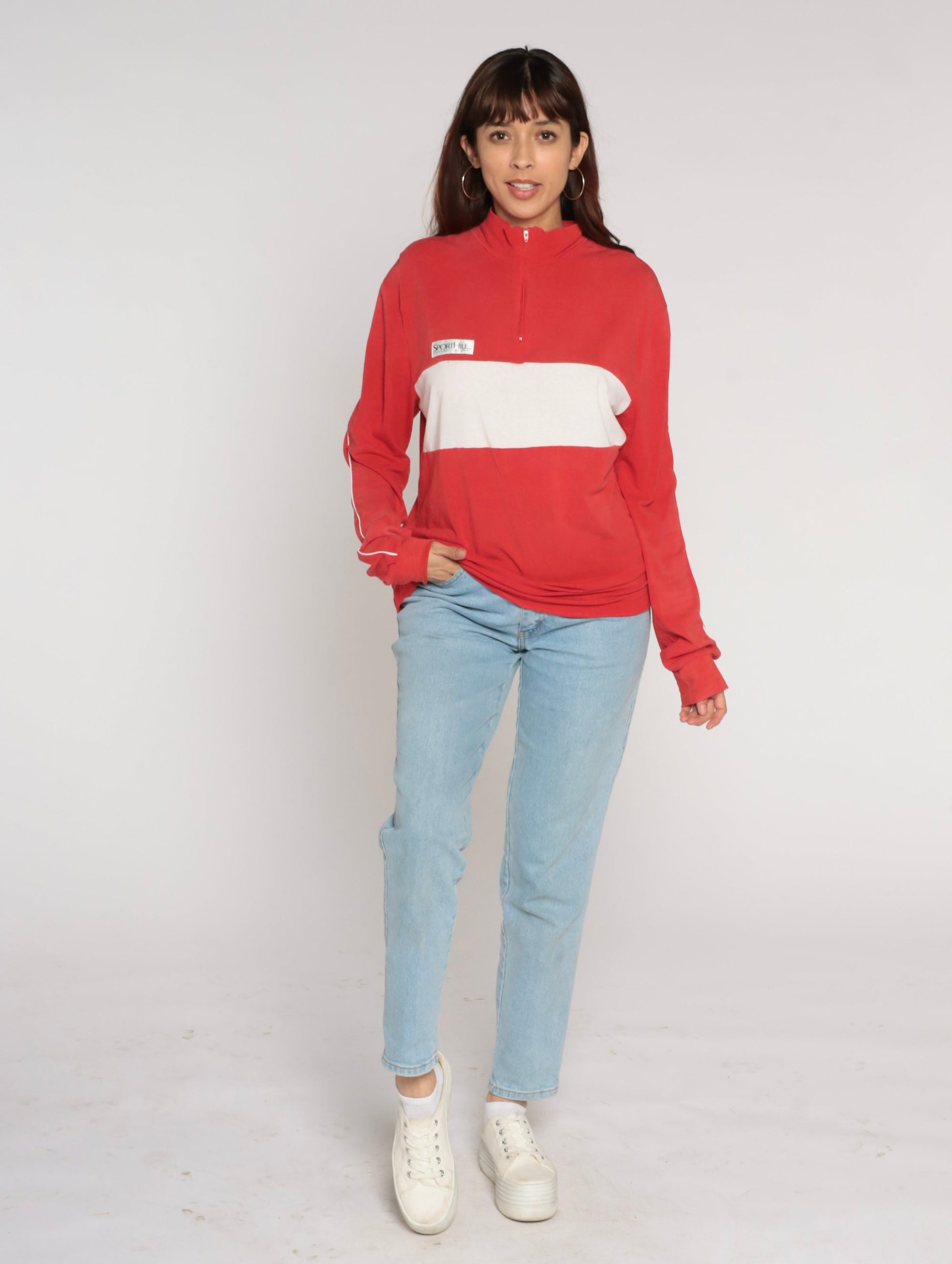 90s Sporthill Quarter Zip Long Sleeve Shirt Red White Stripe Large L