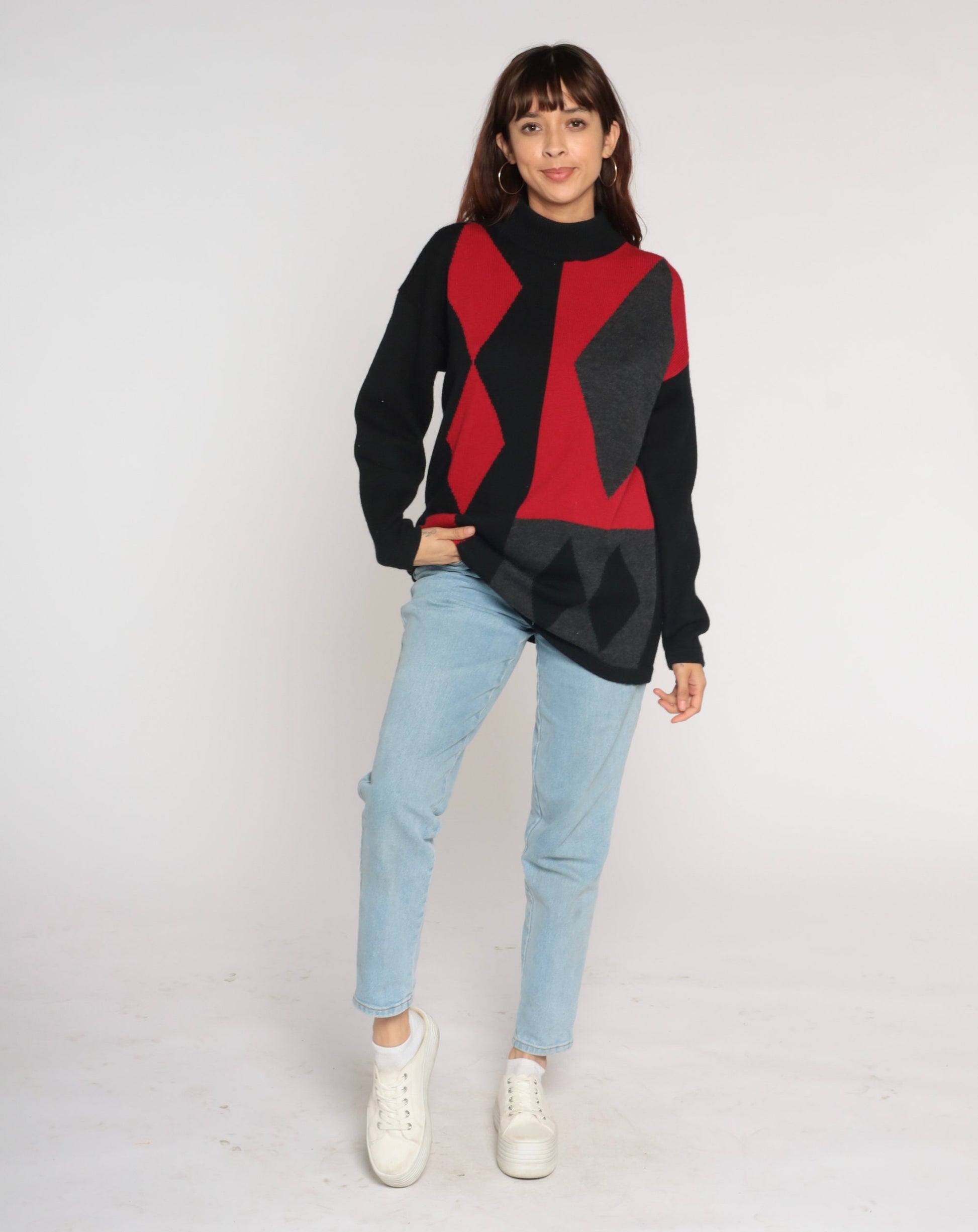 90s Merino Wool Diamond Harlequin Sweater Mock Neck Black Red Charcoal Medium M