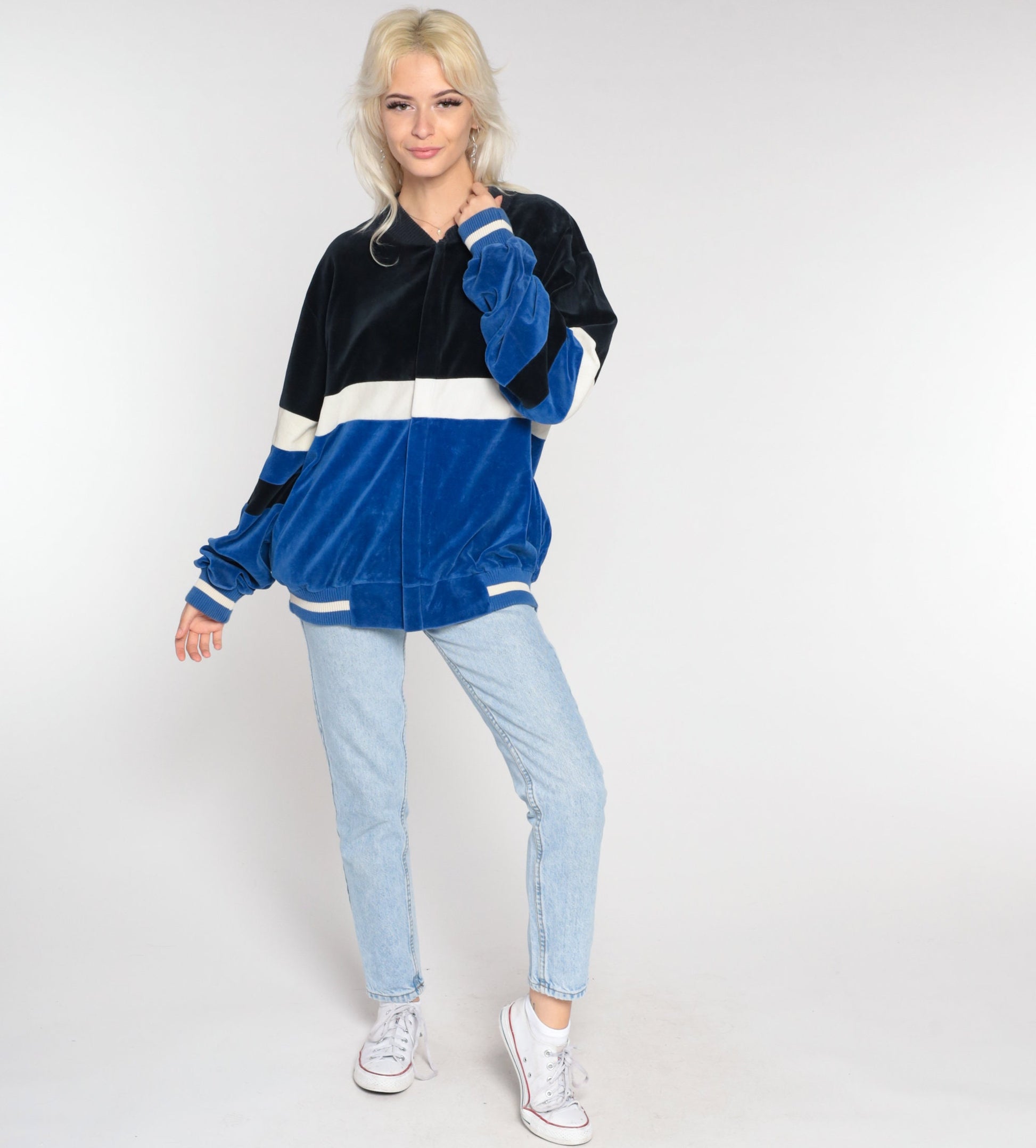 80s Velour Track Jacket Blue Black Color Block Zip Up Large