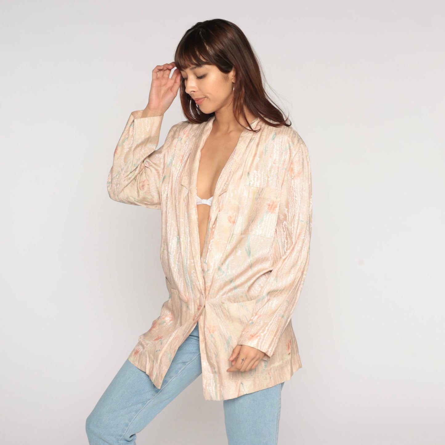 90s Blush Pink Floral Abstract Blazer Double Breasted Embossed Shiny Jacket Large L