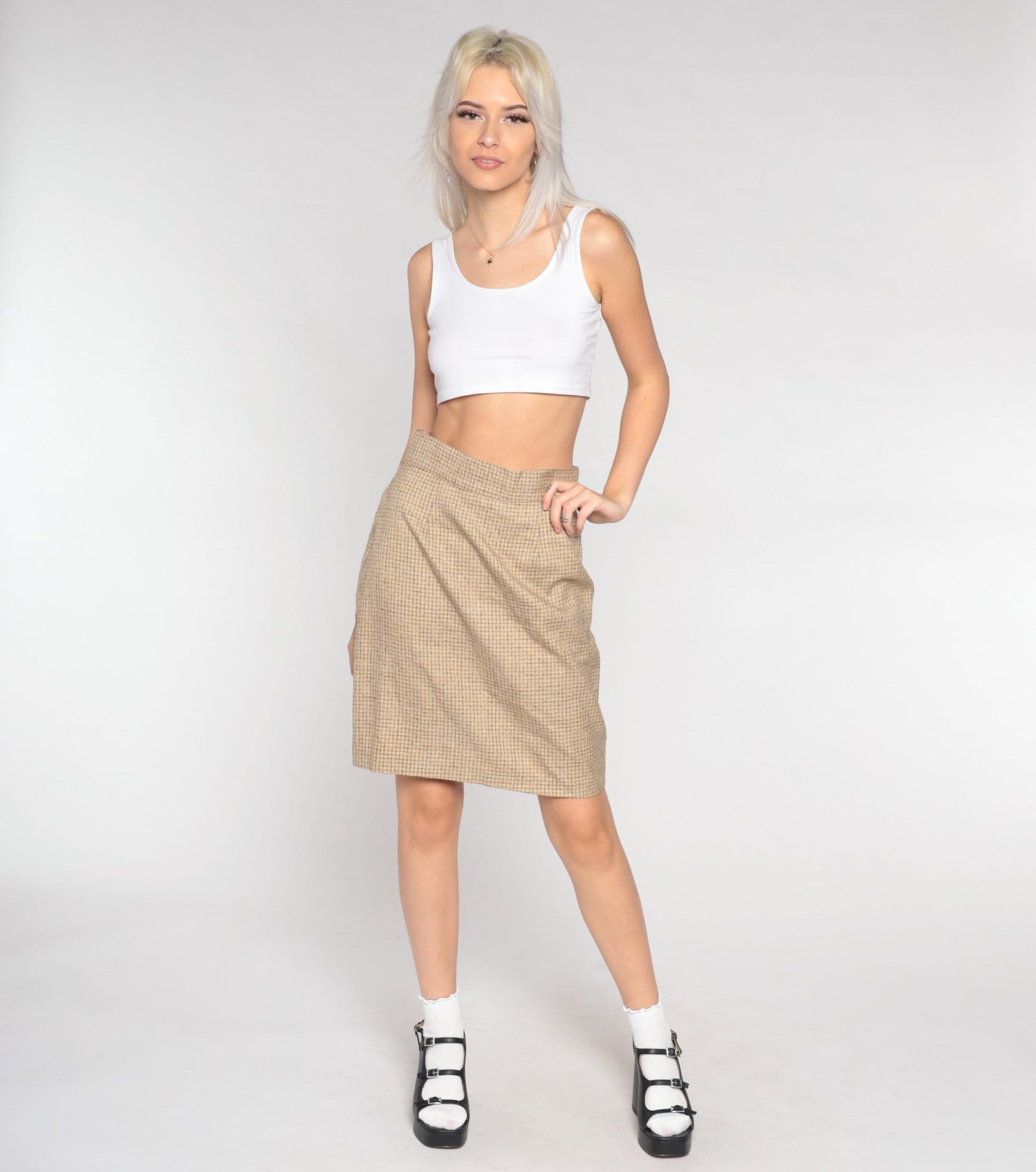 90s Checkered Mini Pencil Skirt Tan Grey High Waisted Small