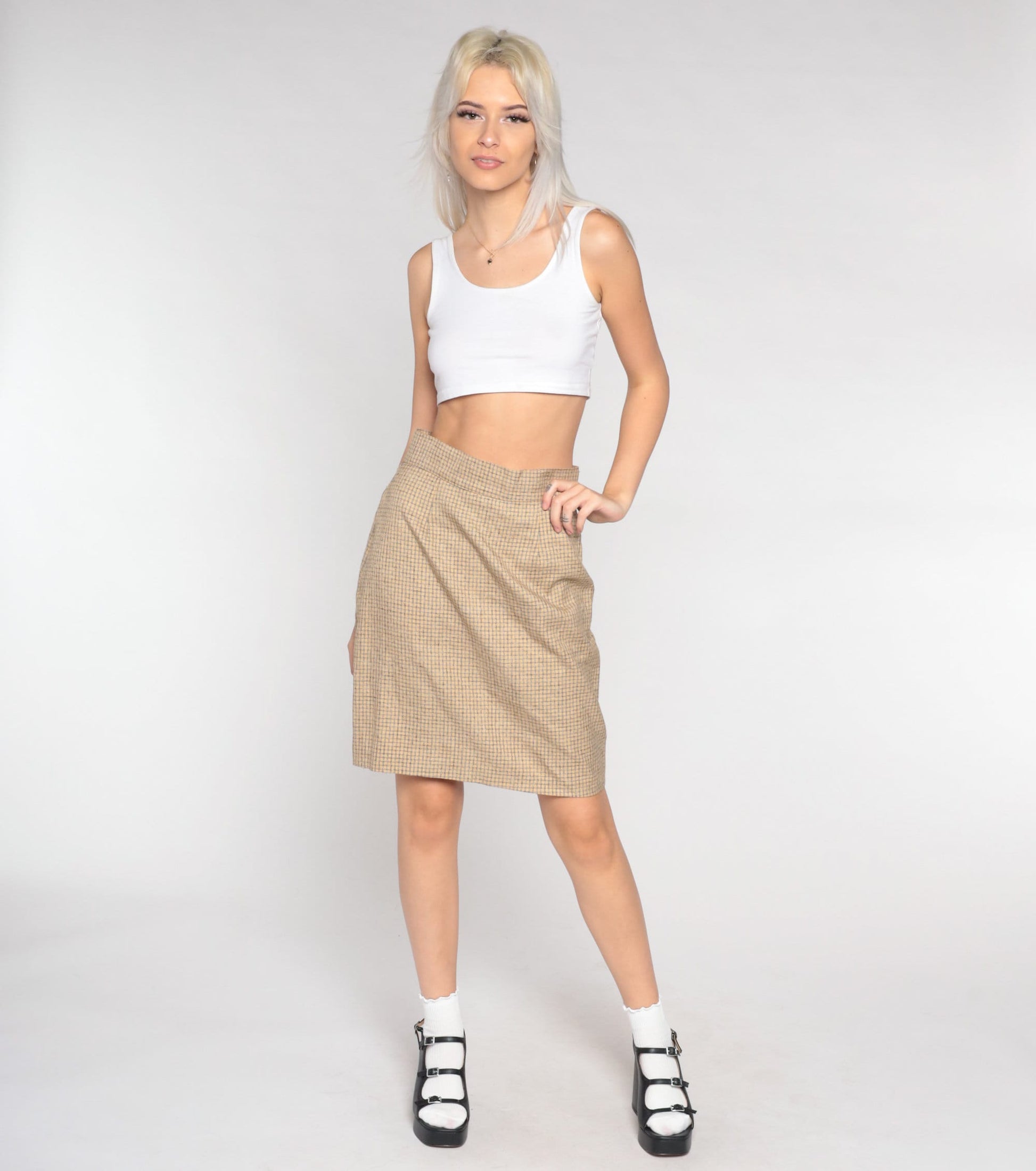 90s Checkered Mini Pencil Skirt Tan Grey High Waisted Small