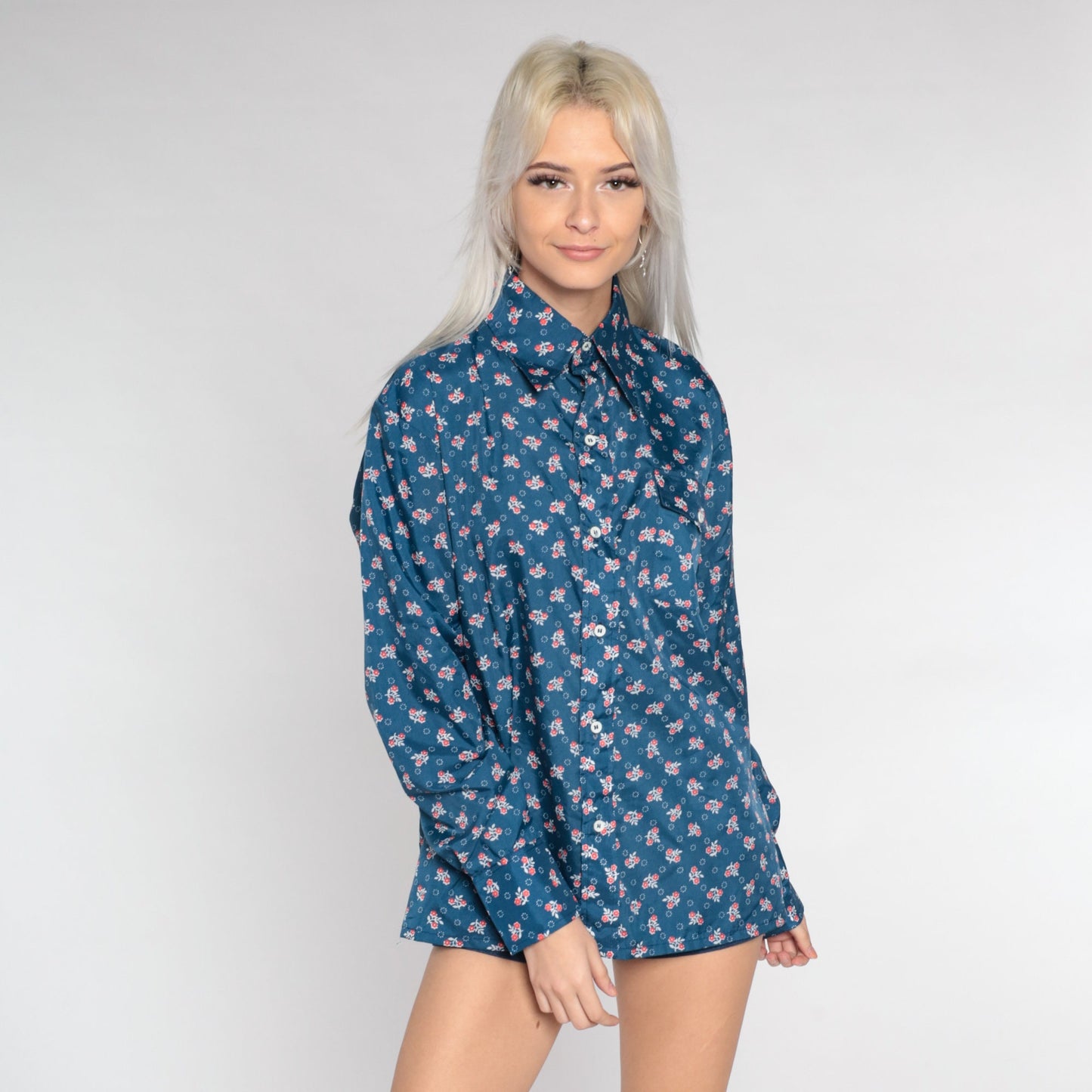 70s Skyr Floral Disco Shirt Blue Dagger Collar Button Up Medium