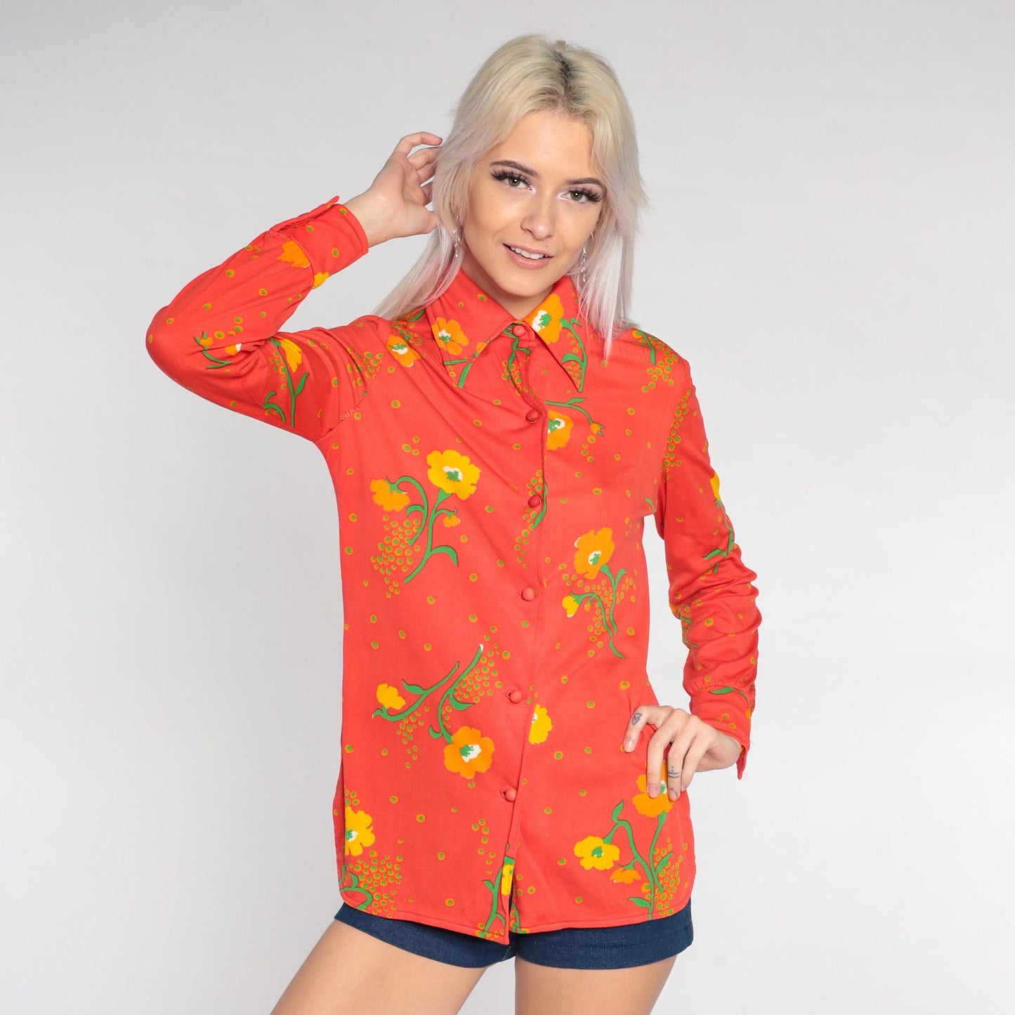 70s Red Poppy Floral Disco Shirt Dagger Collar Button Up Small