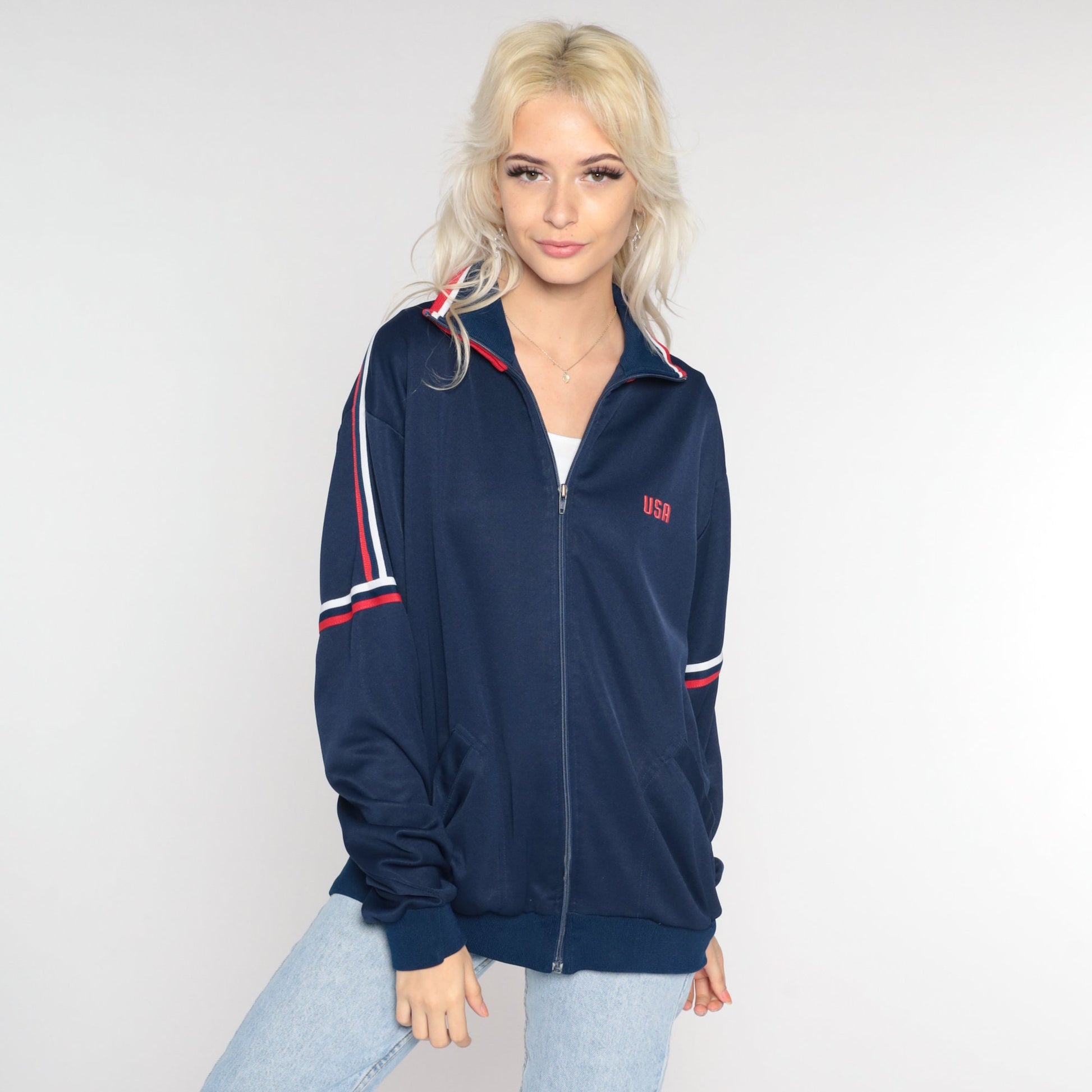 80s MacGregor Track Jacket Navy USA Striped Zip-Up Large