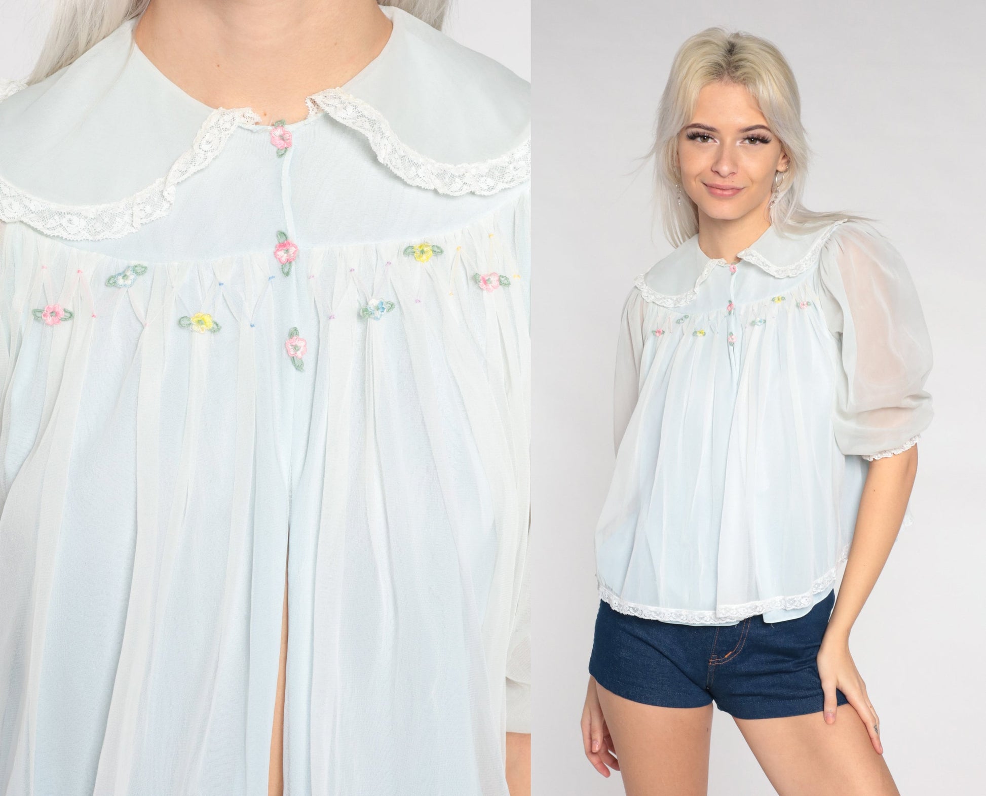 70s Baby Blue Bed Jacket Nylon Lace Trim Puff Sleeve Rosette Extra Small