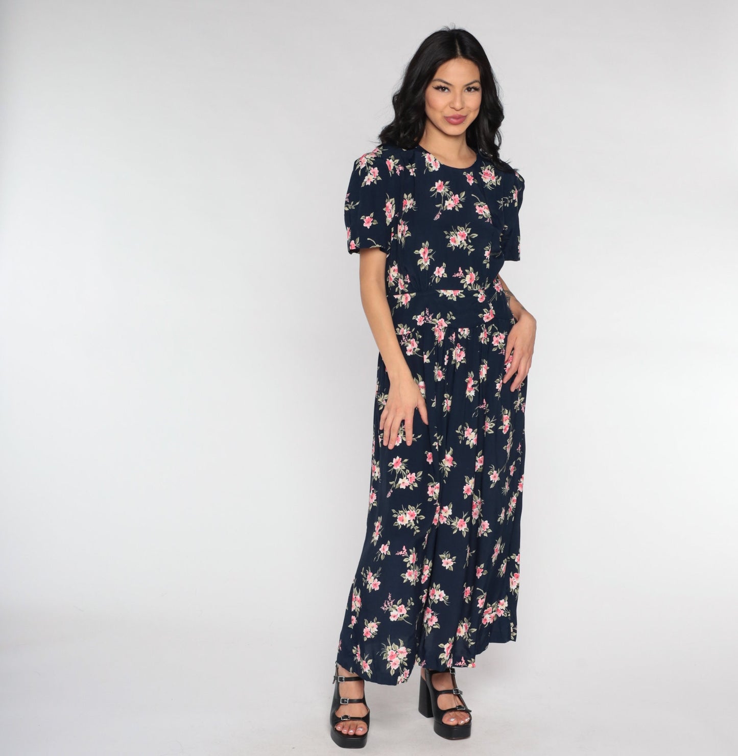 90s Navy Floral Maxi Dress Empire Waist Button Back Short Sleeve Small
