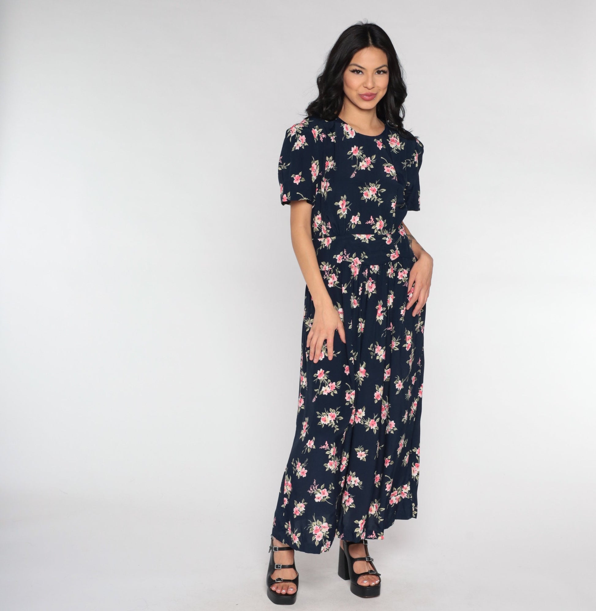 90s Navy Floral Maxi Dress Empire Waist Button Back Short Sleeve Small
