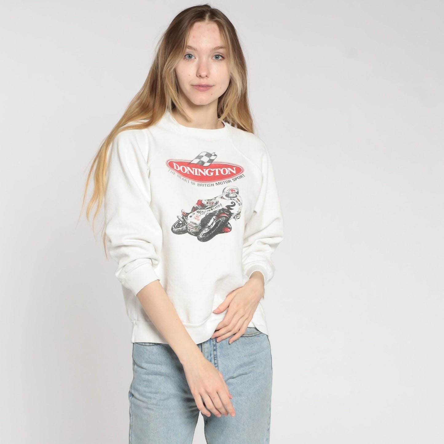 90s Donington Park Motorcycle Racing Sweatshirt White Graphic Crewneck Medium