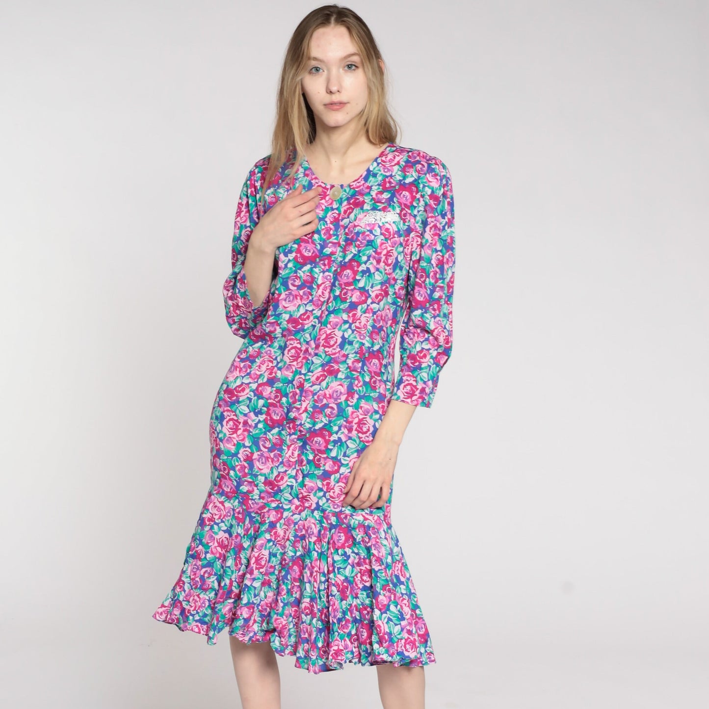 90s Floral Midi Dress Pink Rose Print Button-Up Long Sleeve Drop Waist Small