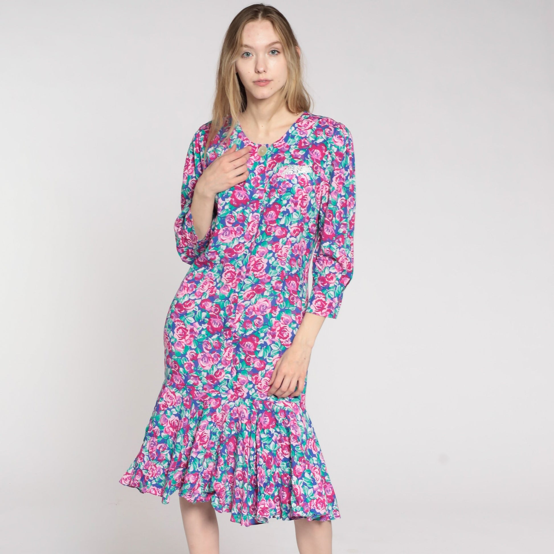 90s Floral Midi Dress Pink Rose Print Button-Up Long Sleeve Drop Waist Small
