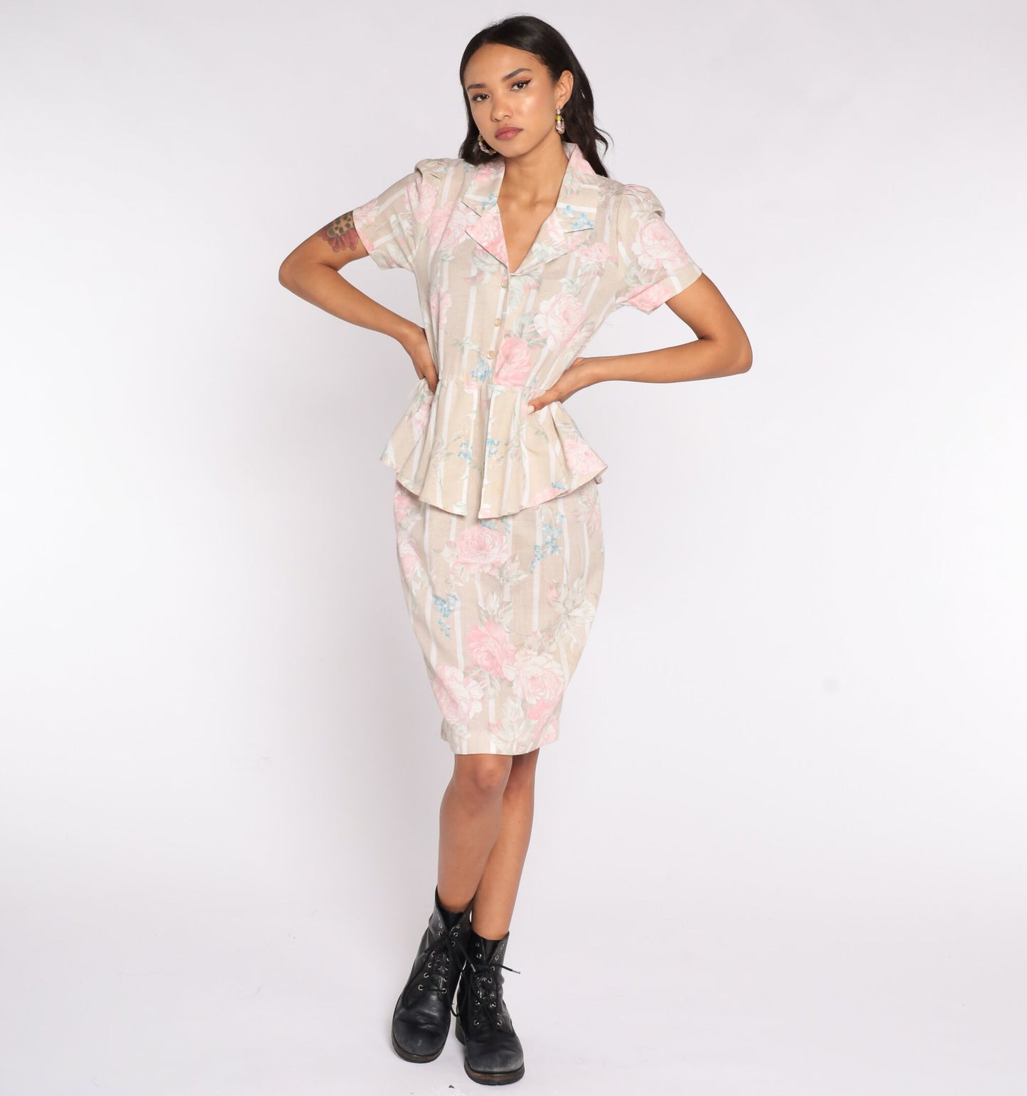 80s Floral Midi Shirtdress Beige Pink Peplum High Waist Button Up Small