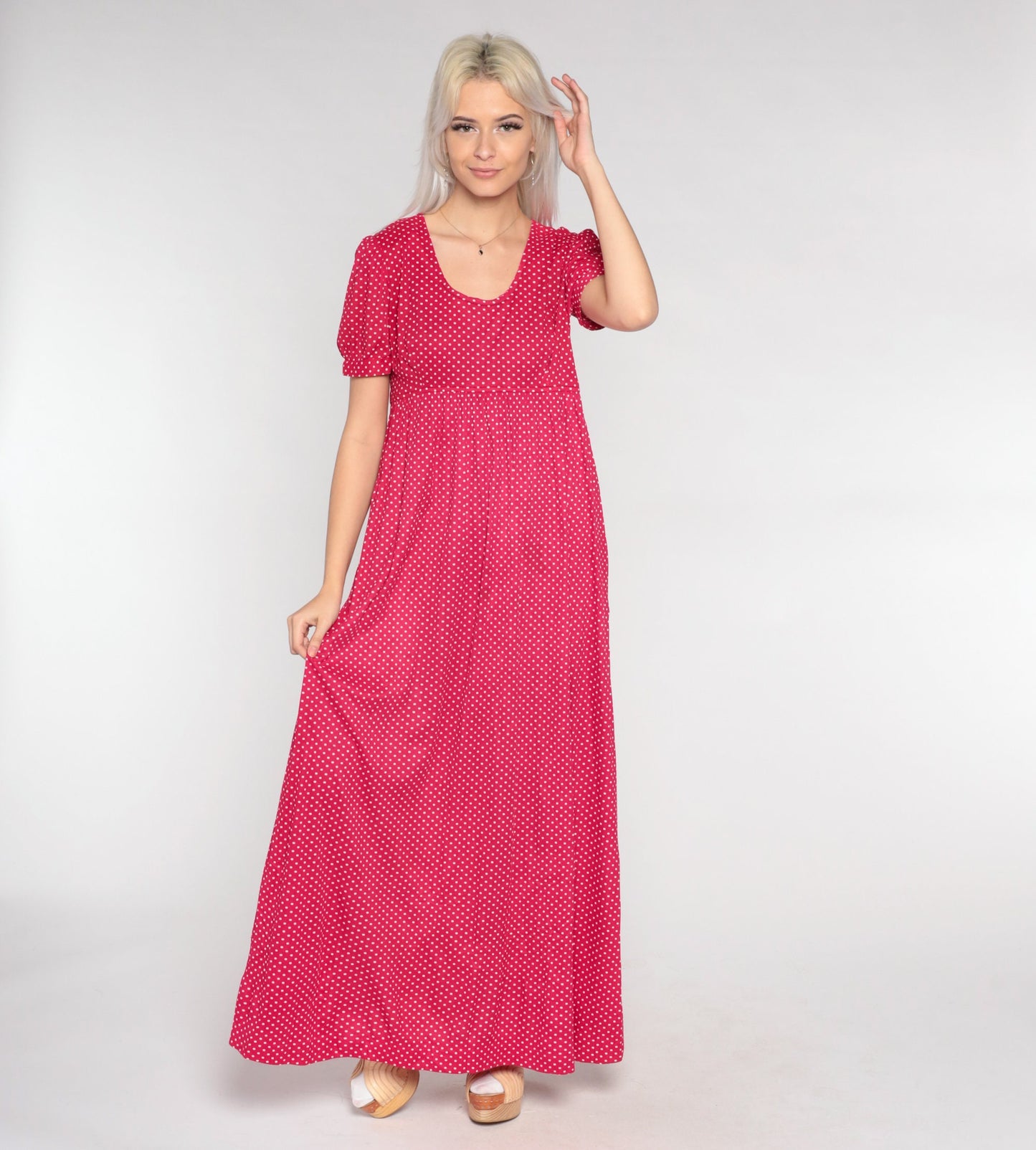 70s Red Polka Dot Maxi Dress Puff Sleeve Empire Waist Small
