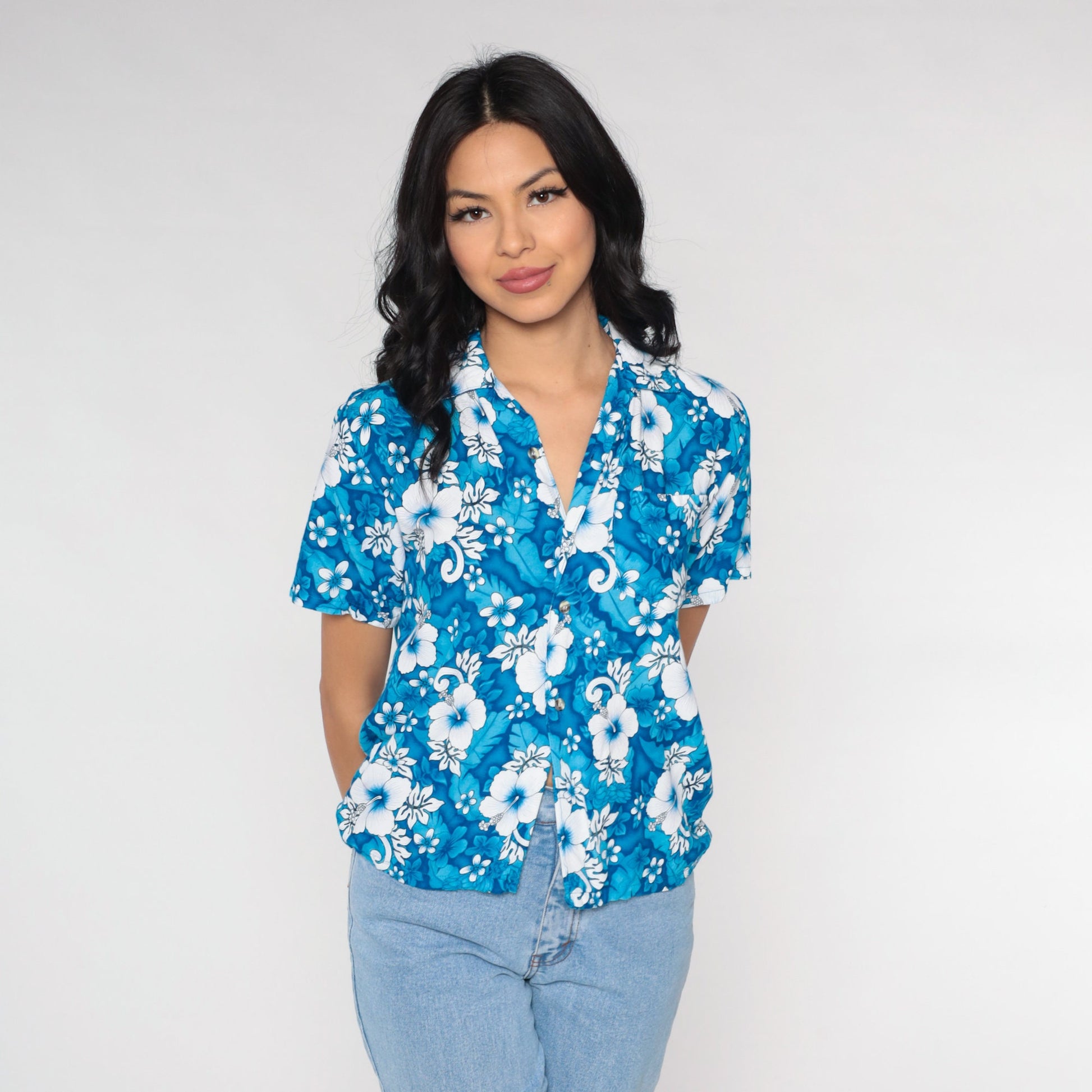 90s Blue Hawaiian Floral Button Up Blouse Short Sleeve Extra Small