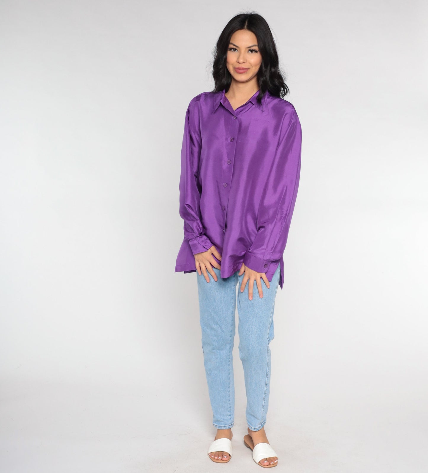 90s Purple Silk Button-Up Blouse Long Sleeve Collared Shirt Large L