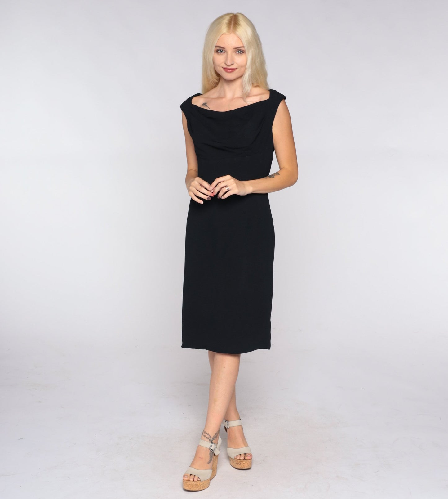 60s Black Shift Mini Dress Sleeveless Cowl Neck Small S