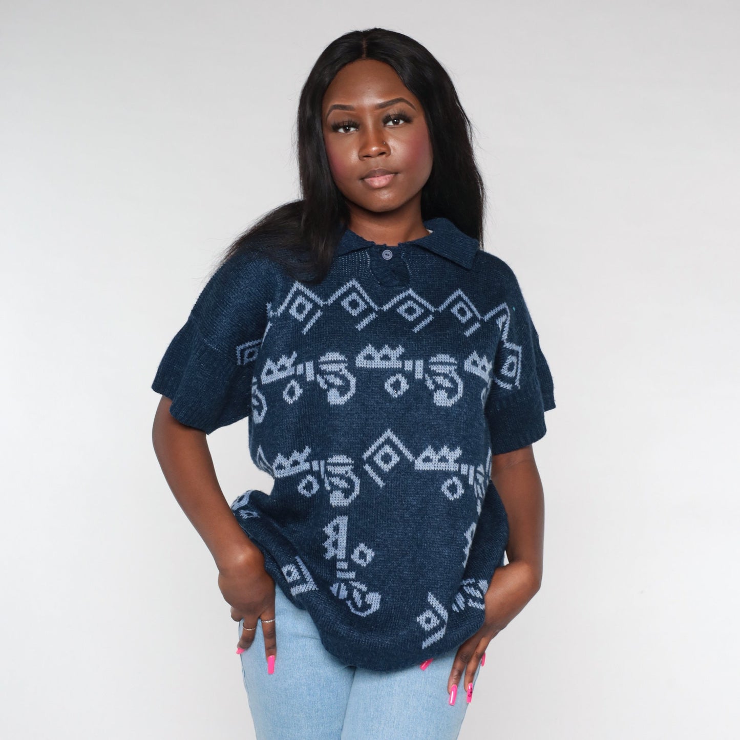 90s Navy Knit Polo Shirt Geometric Print Collared Short Sleeve Large