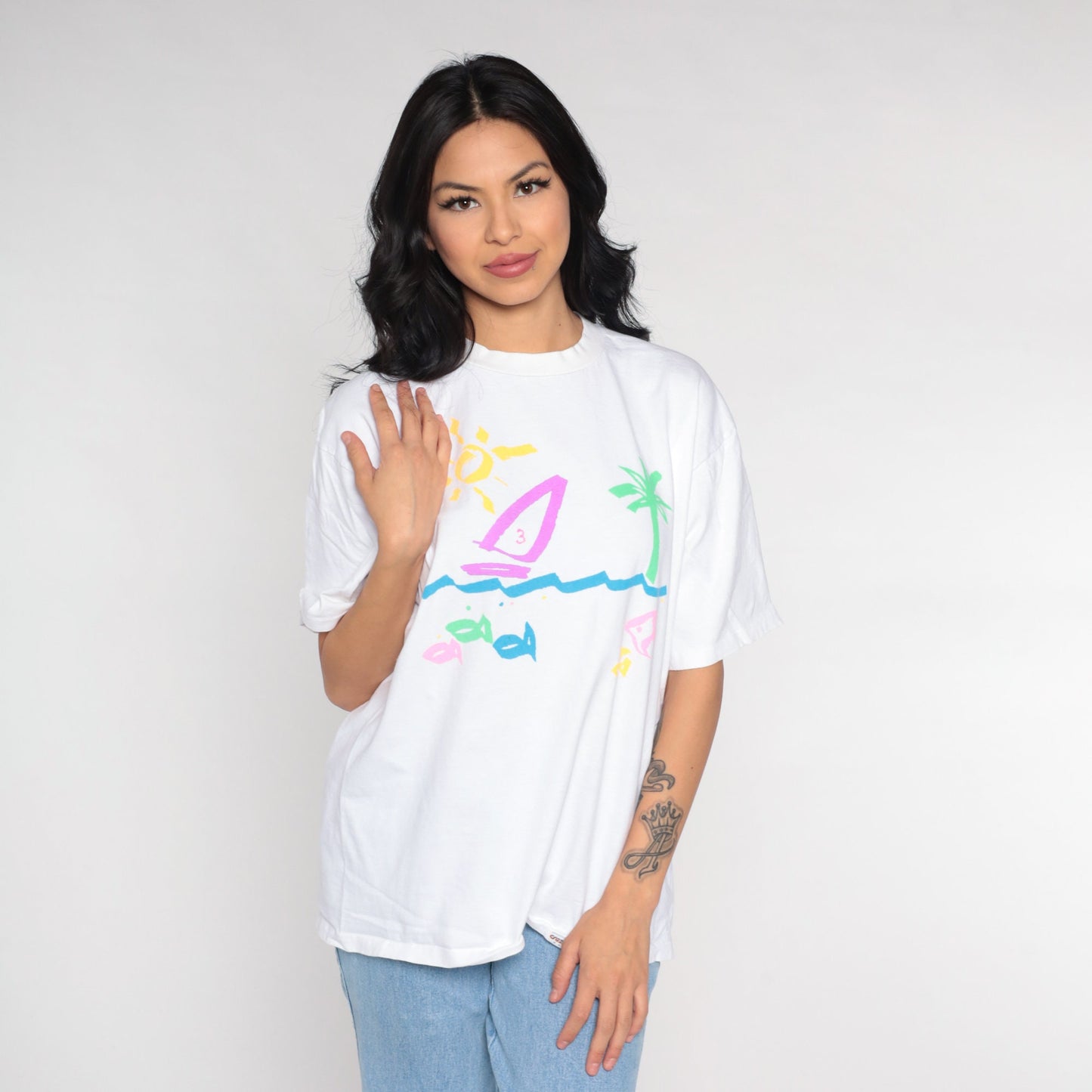 90s Crazy Shirts Sailboat Tropical Beach Graphic Tee White Large L