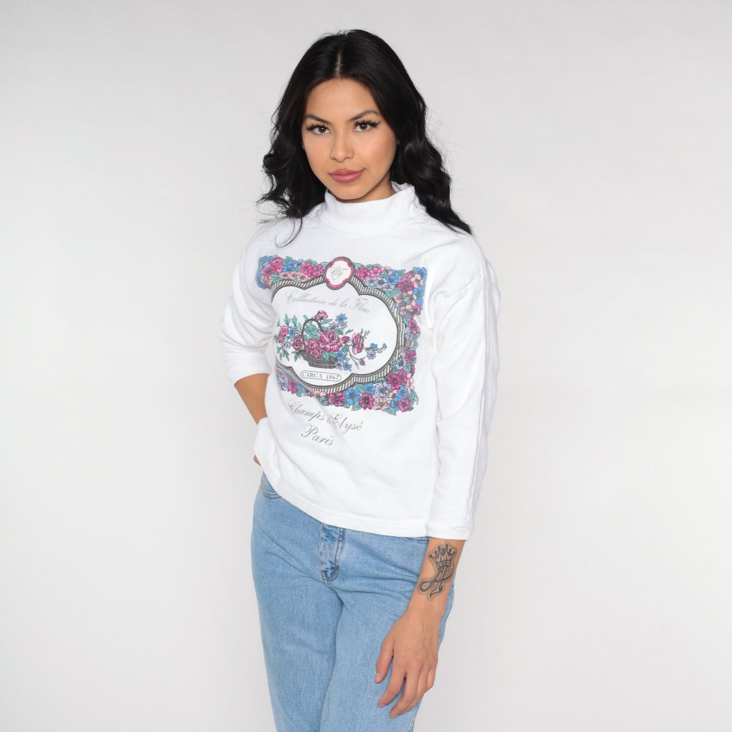 90s Paris Champs d'Élysées Floral Turtleneck White Long Sleeve Top Small S
