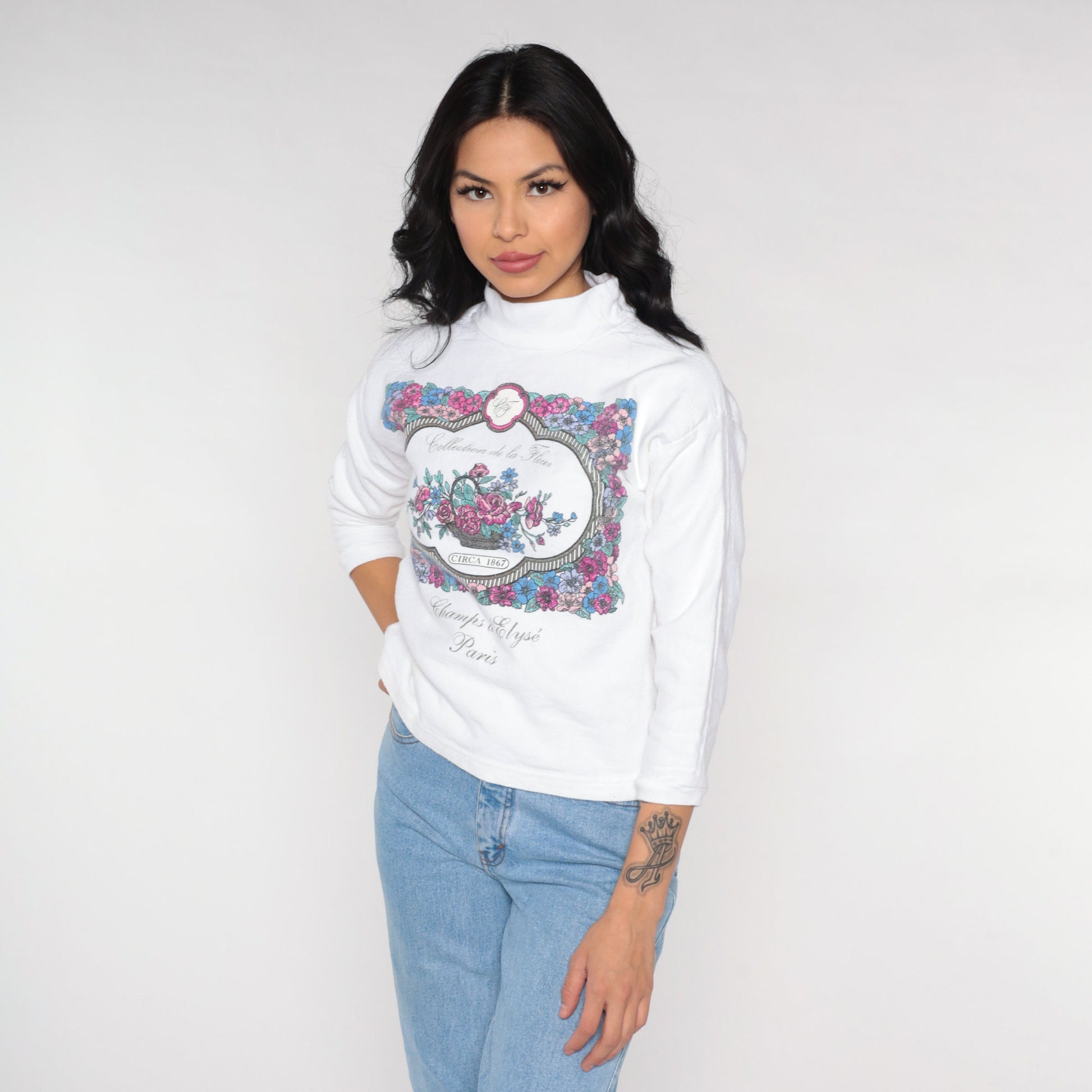 90s Paris Champs d'Élysées Floral Turtleneck White Long Sleeve Top Small S