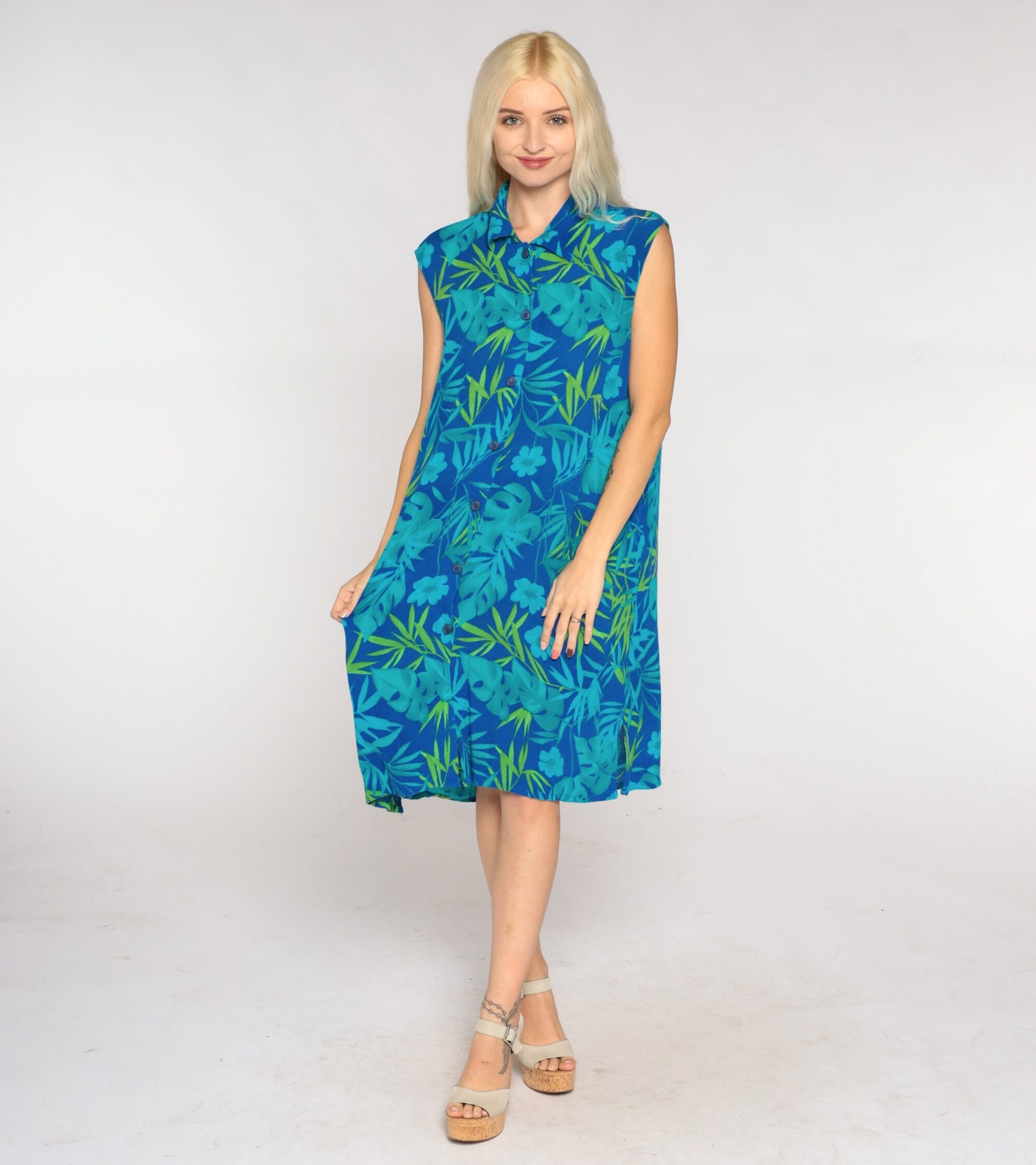 00s Blue Tropical Floral Mini Shirtdress Sleeveless Button Up Large 12
