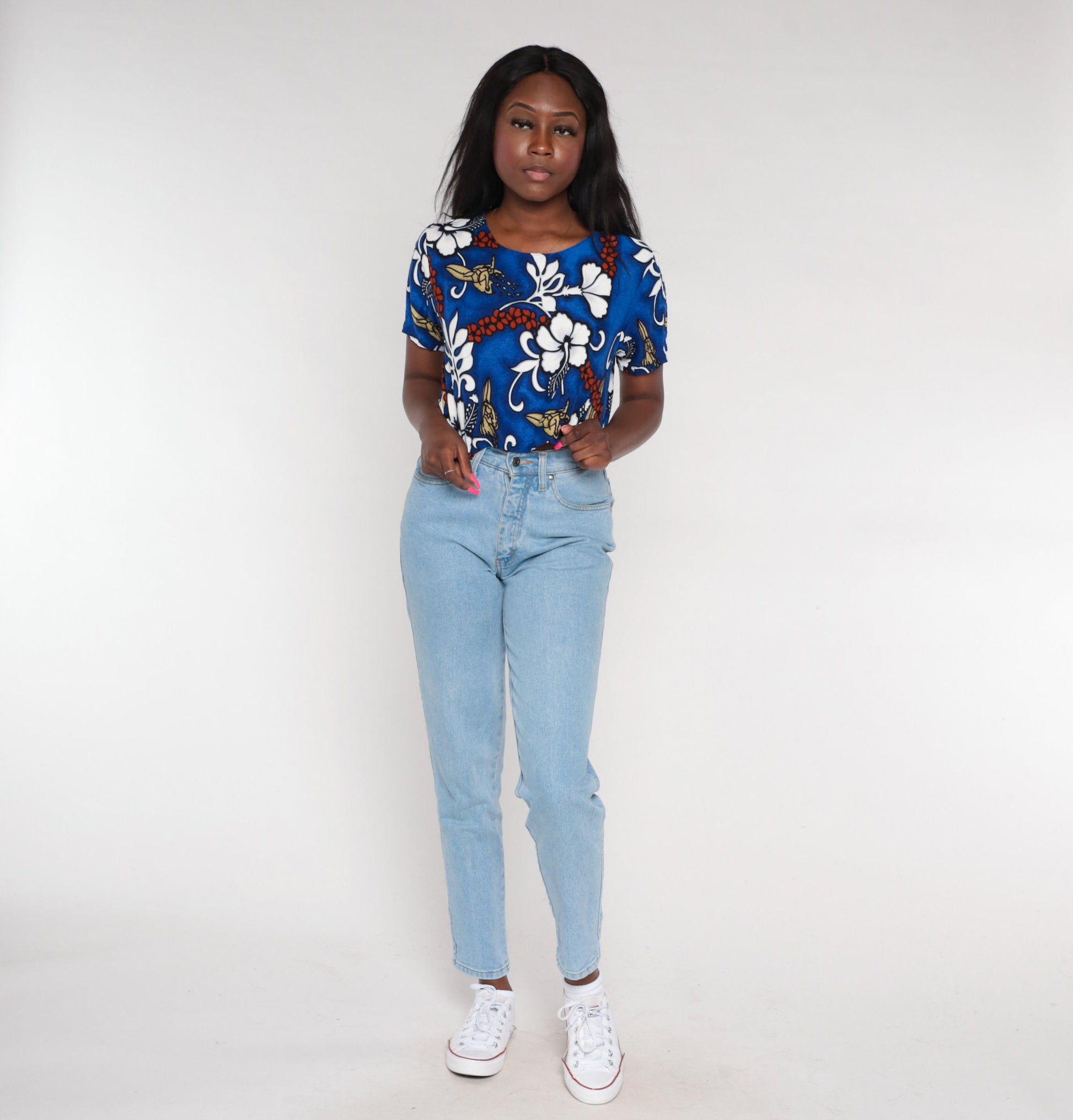 Y2K Hawaiian Crop Top Blue Tropical Floral Surfer Print Small S