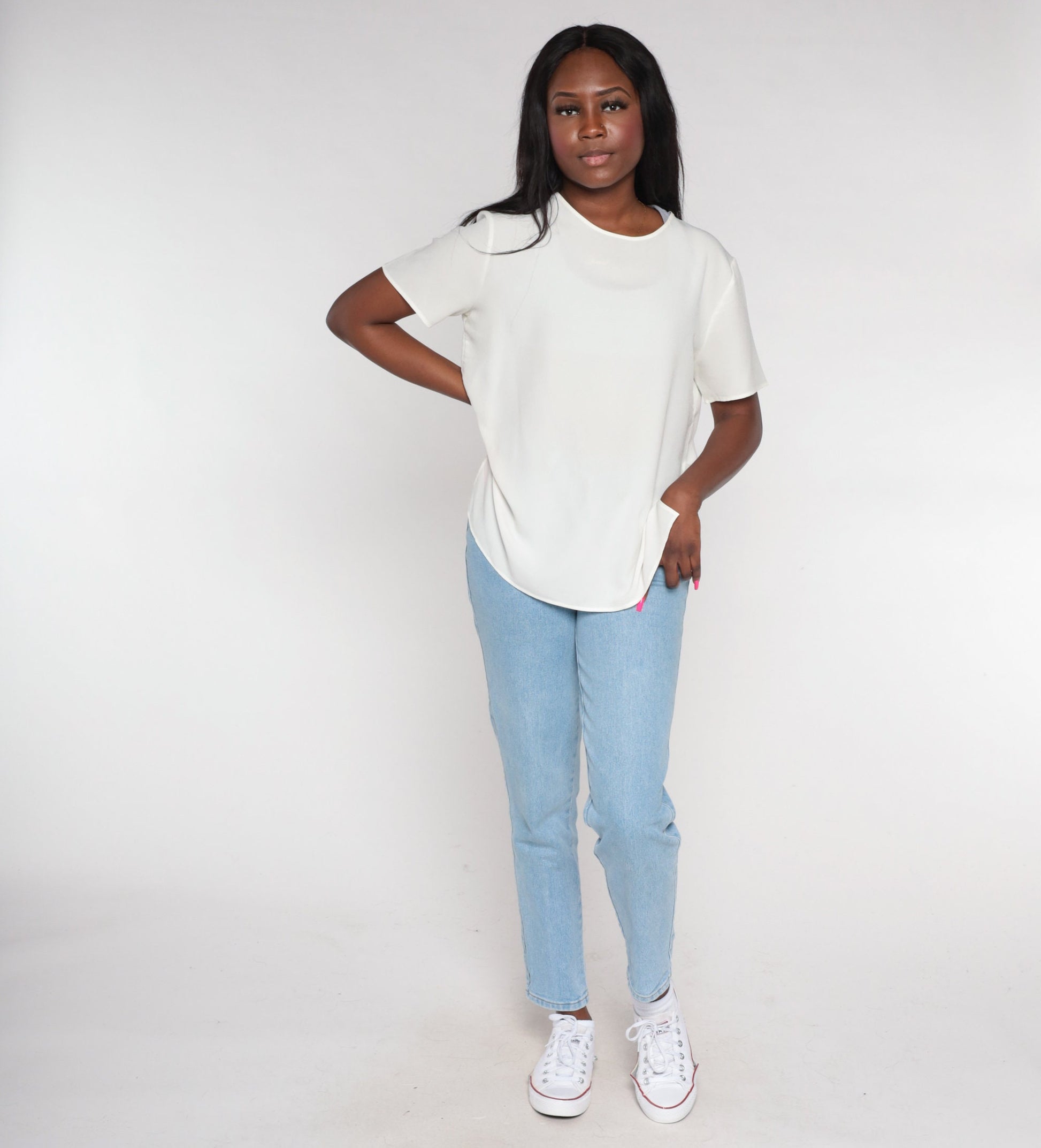 80s White Short Sleeve Blouse Keyhole Back Button Large L