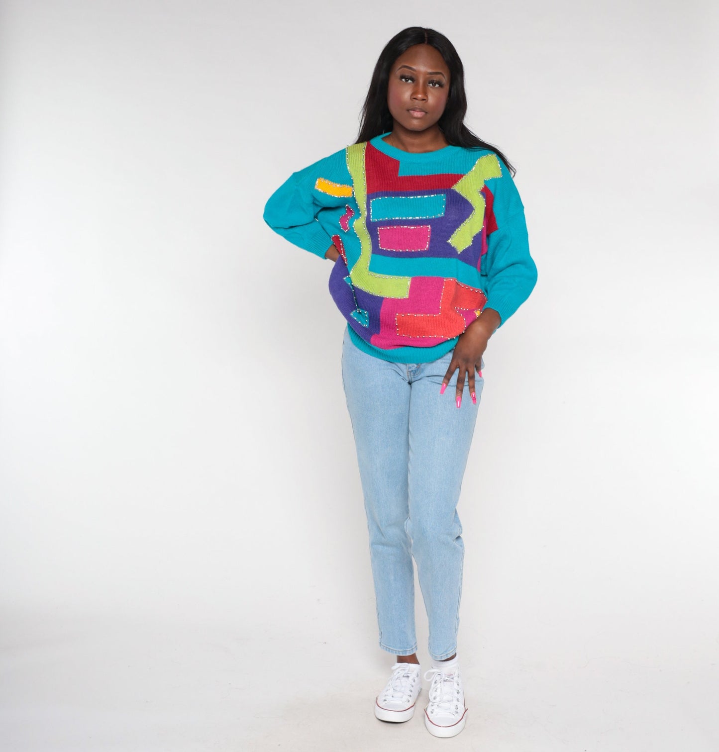 90s Geometric Beaded Sweater Turquoise Blue Abstract Knit Pullover XXL