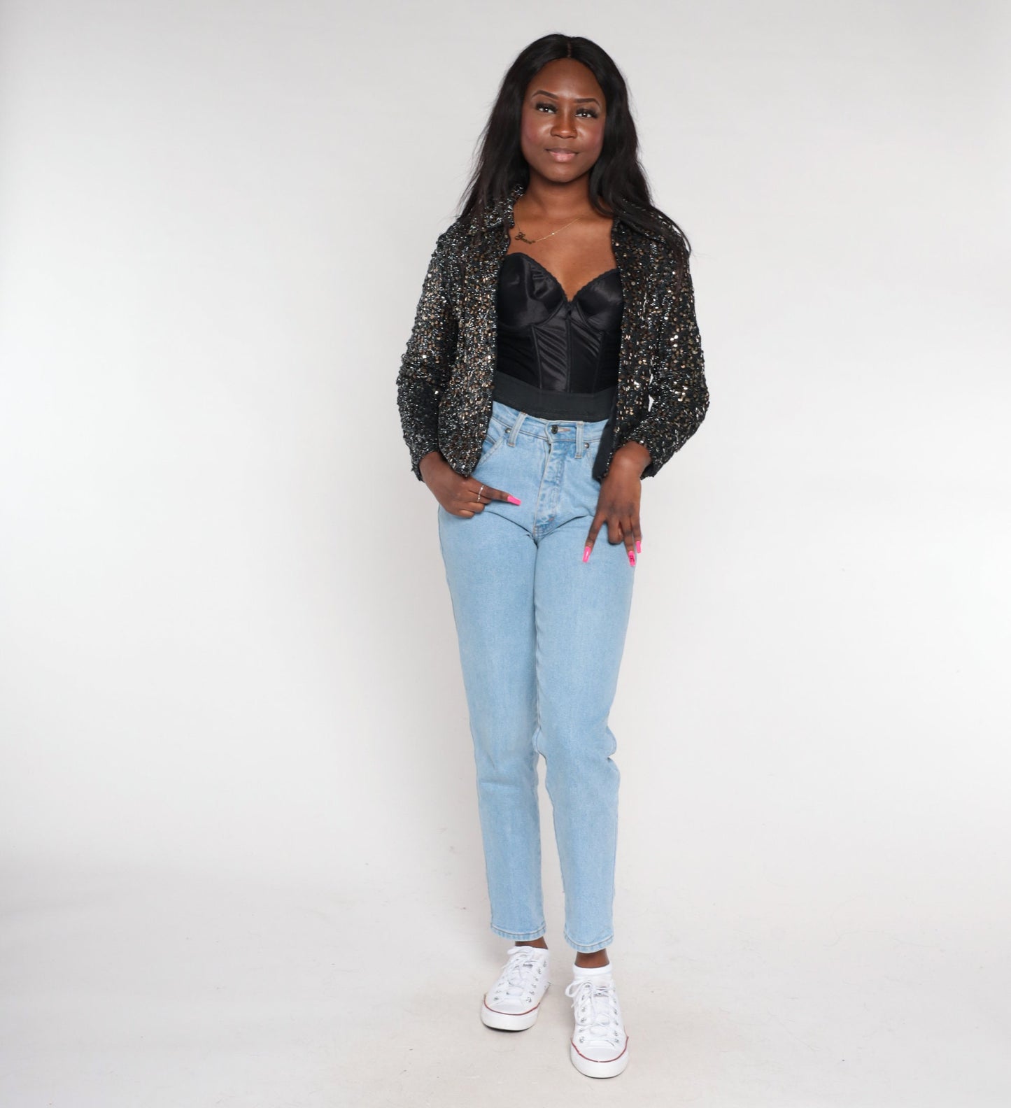 80s Black Bronze Sequin Blazer Open Front Collared Jacket Small S