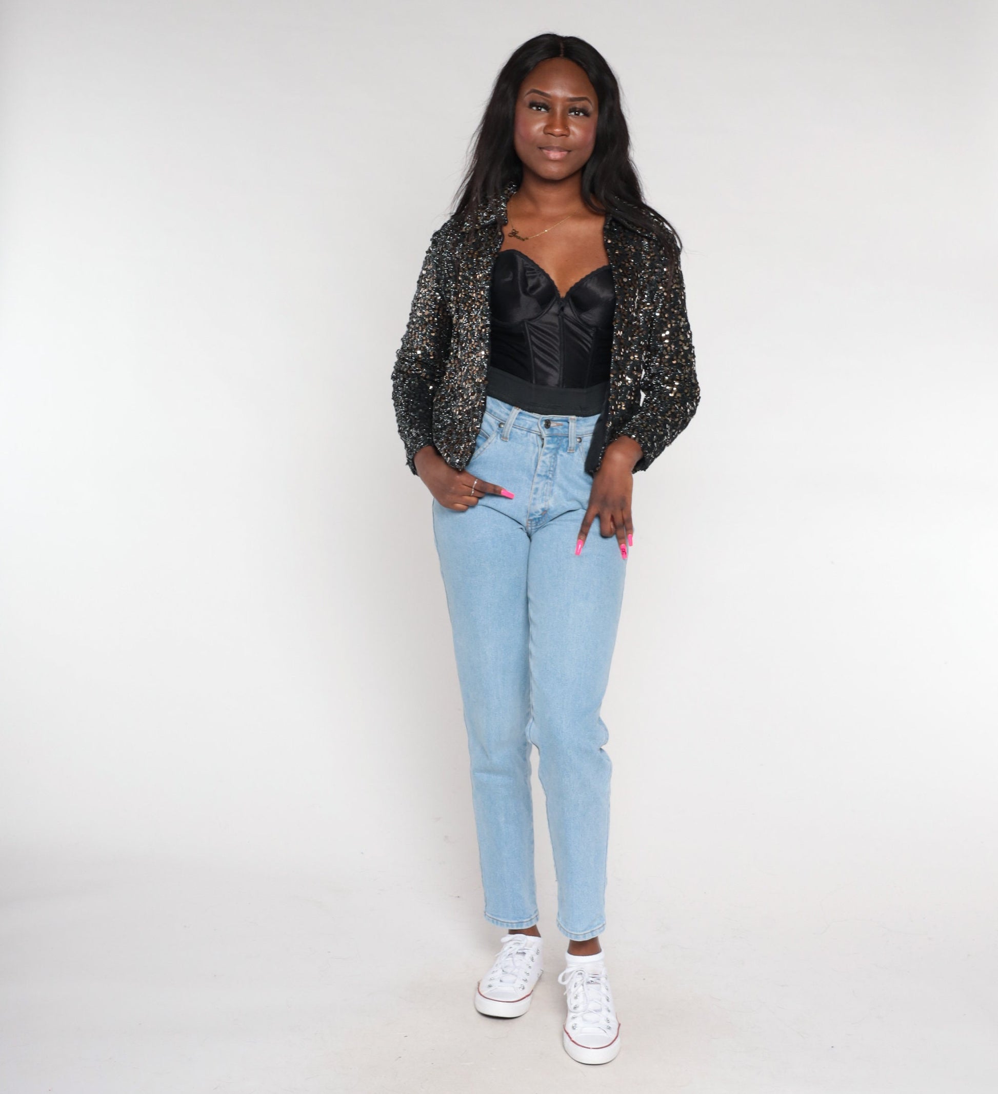 80s Black Bronze Sequin Blazer Open Front Collared Jacket Small S