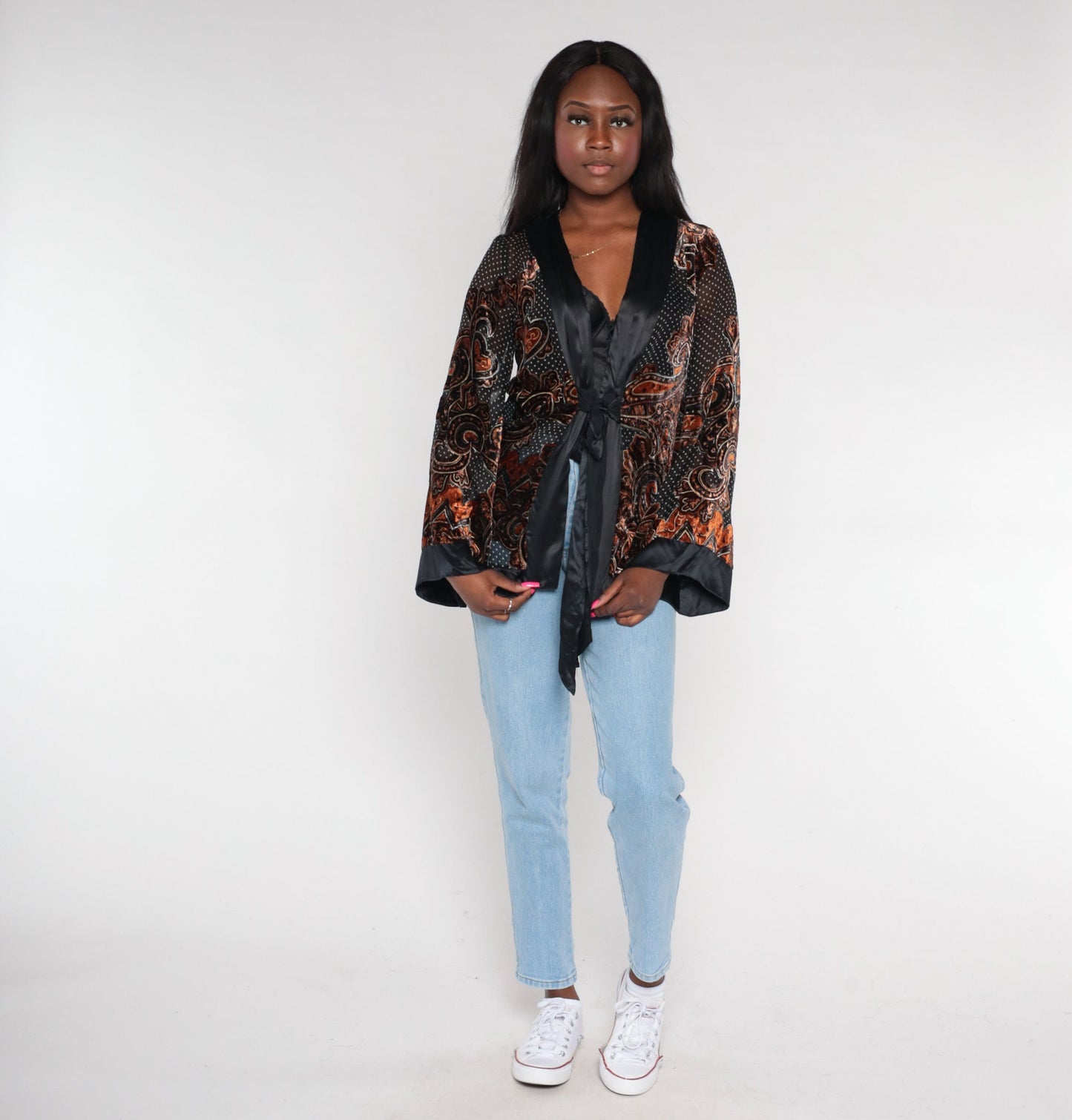 Y2K Velvet Paisley Jacket Black White Polka Dot Deep V Frog Closure Medium M